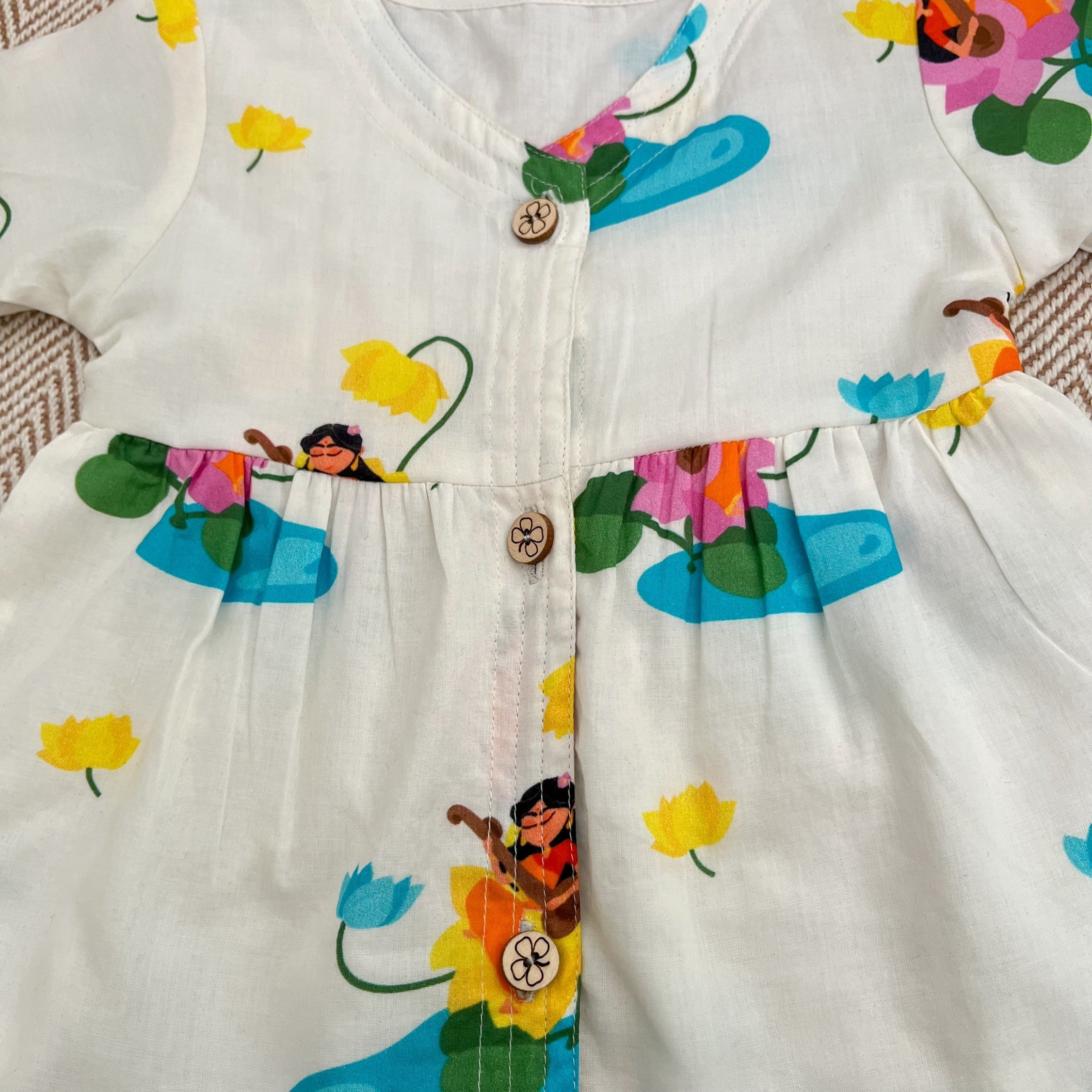 Bhaakur Organic Cotton Frock Infants And Toddlers Saraswati Print - White - FROCK - GODDESS - PRINT - 3 - 6M