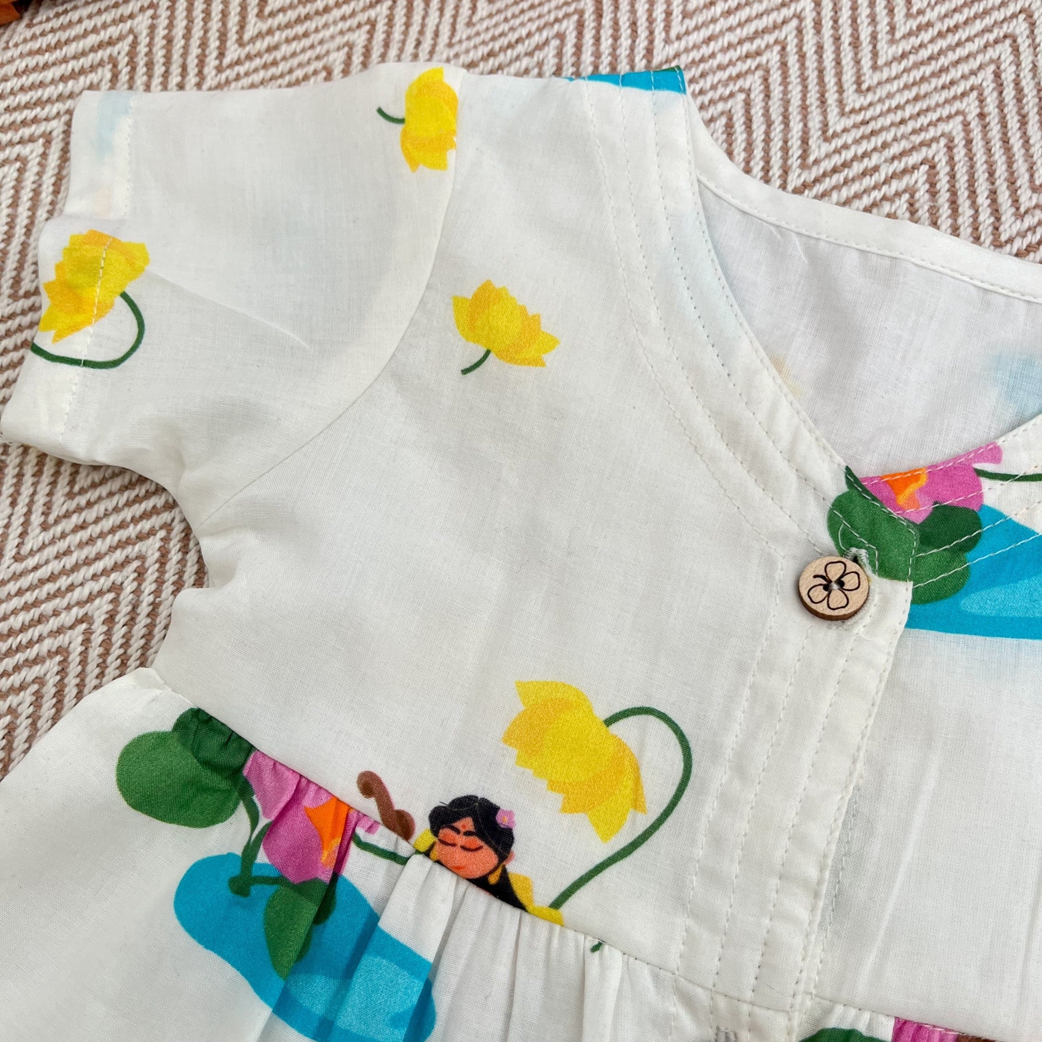 Bhaakur Organic Cotton Frock Infants And Toddlers Saraswati Print - White - FROCK - GODDESS - PRINT - 3 - 6M
