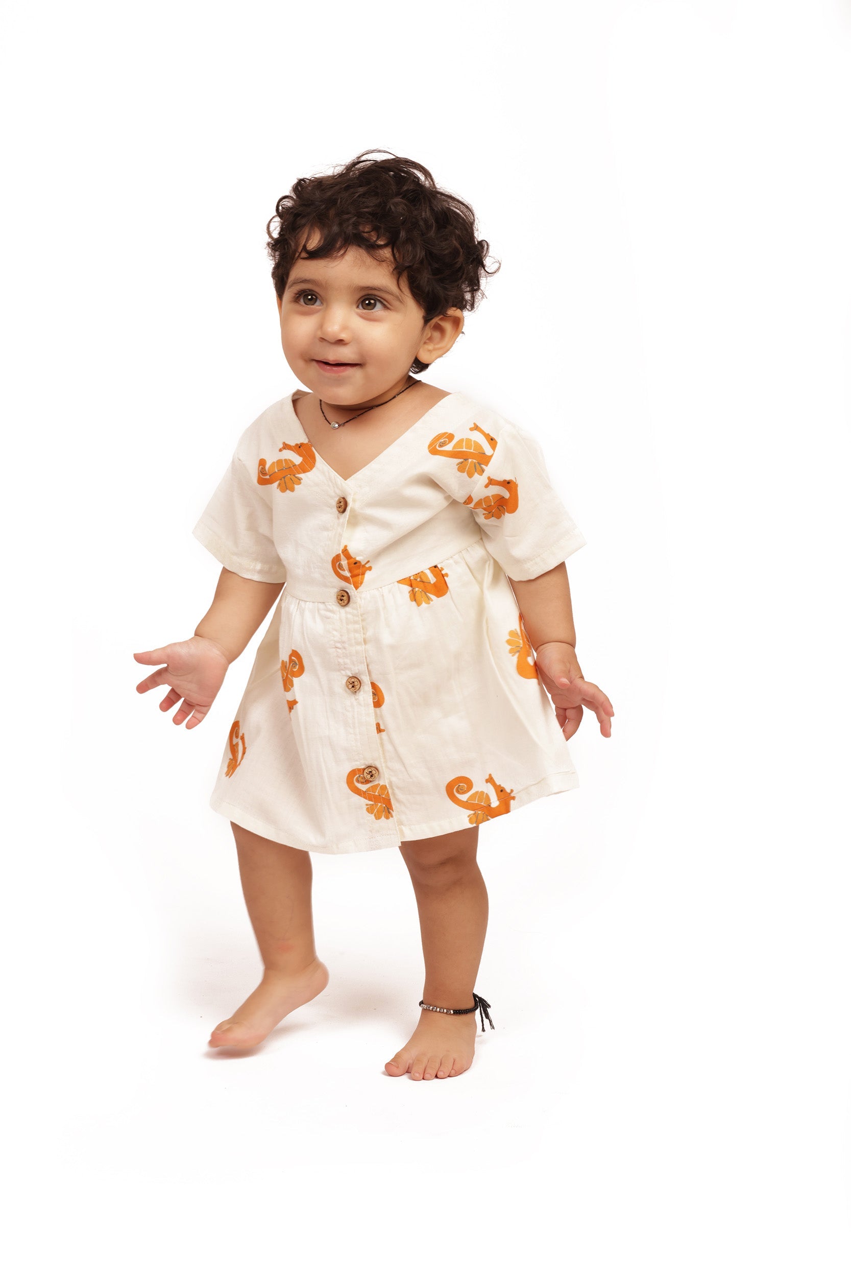 Bhaakur Organic Cotton Frock Infants And Toddlers Seahorse Print - White - FROCK - SHORSE - PRINT - 3 - 6M