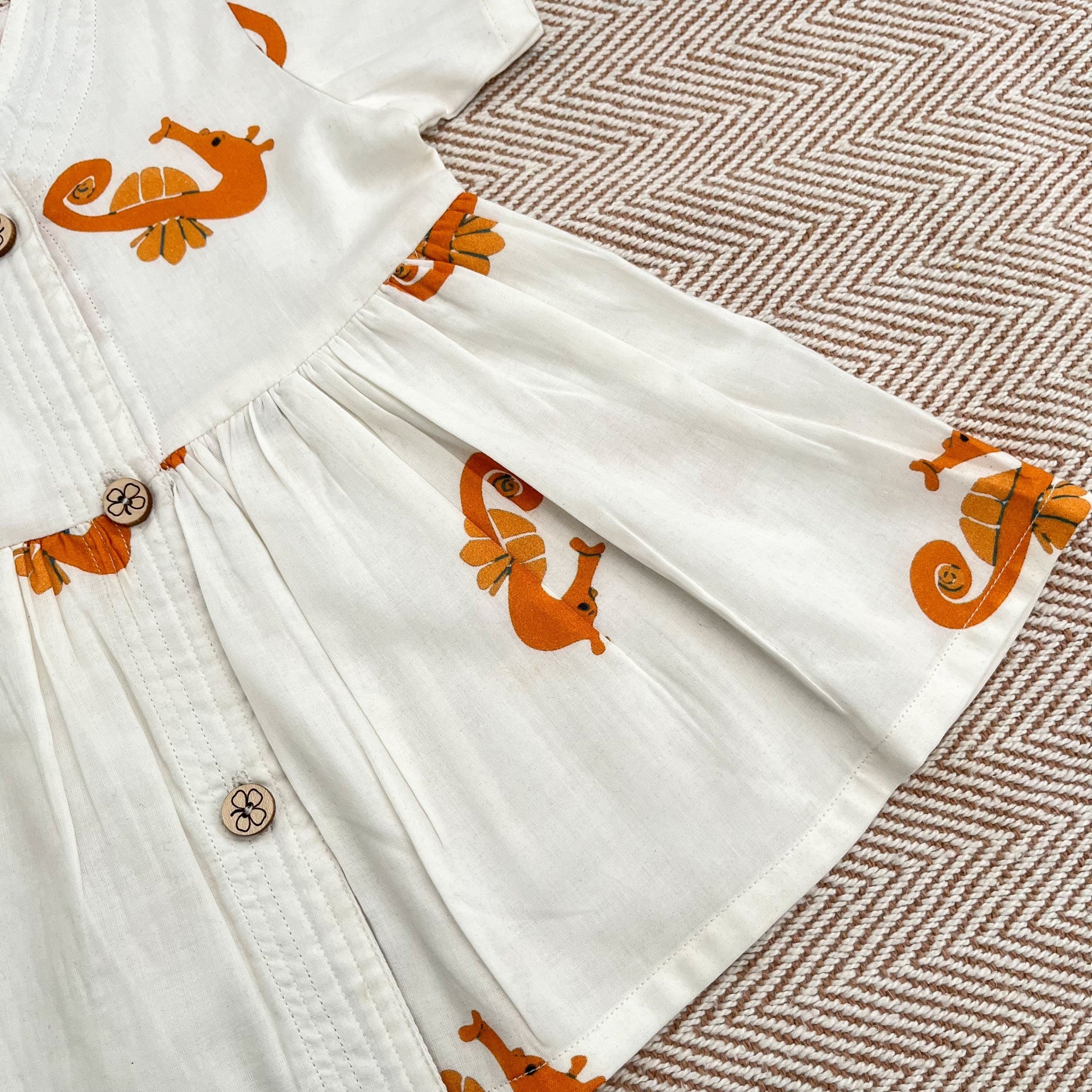 Bhaakur Organic Cotton Frock Infants And Toddlers Seahorse Print - White - FROCK - SHORSE - PRINT - 3 - 6M