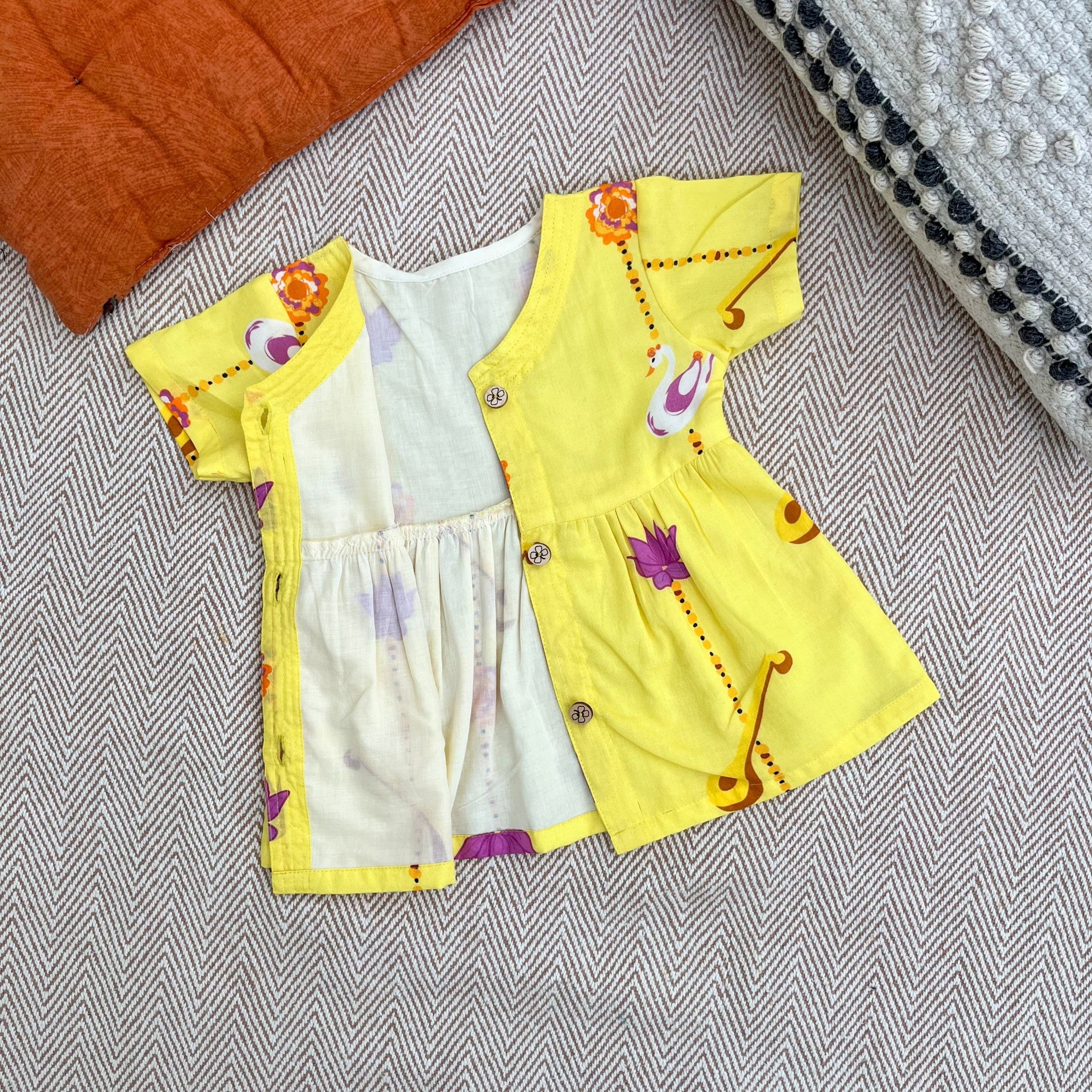 Bhaakur Organic Cotton Frock Infants And Toddlers Veena Print - Yellow - FROCK - VEENA - PRINT - 3 - 6M