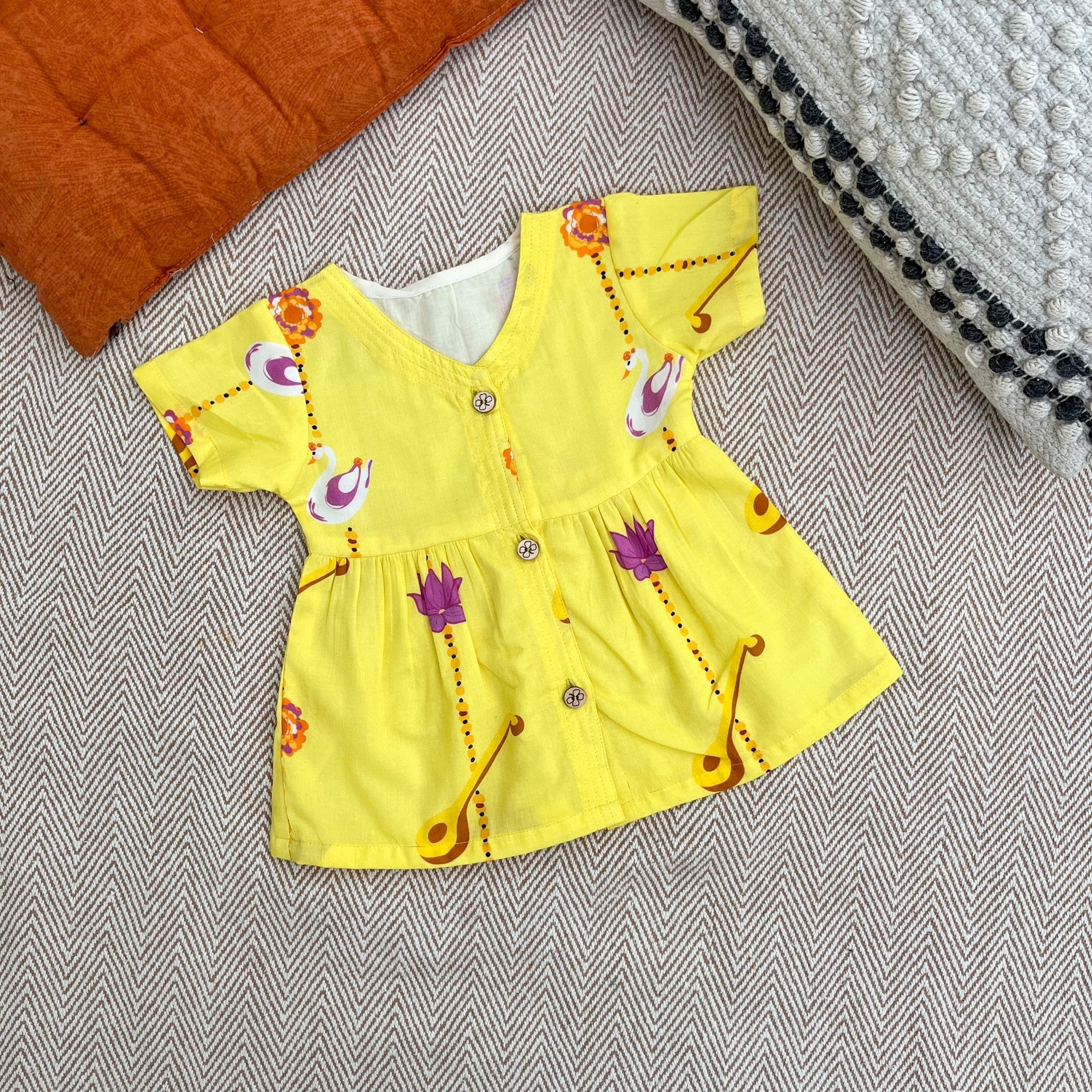 Bhaakur Organic Cotton Frock Infants And Toddlers Veena Print - Yellow - FROCK - VEENA - PRINT - 3 - 6M