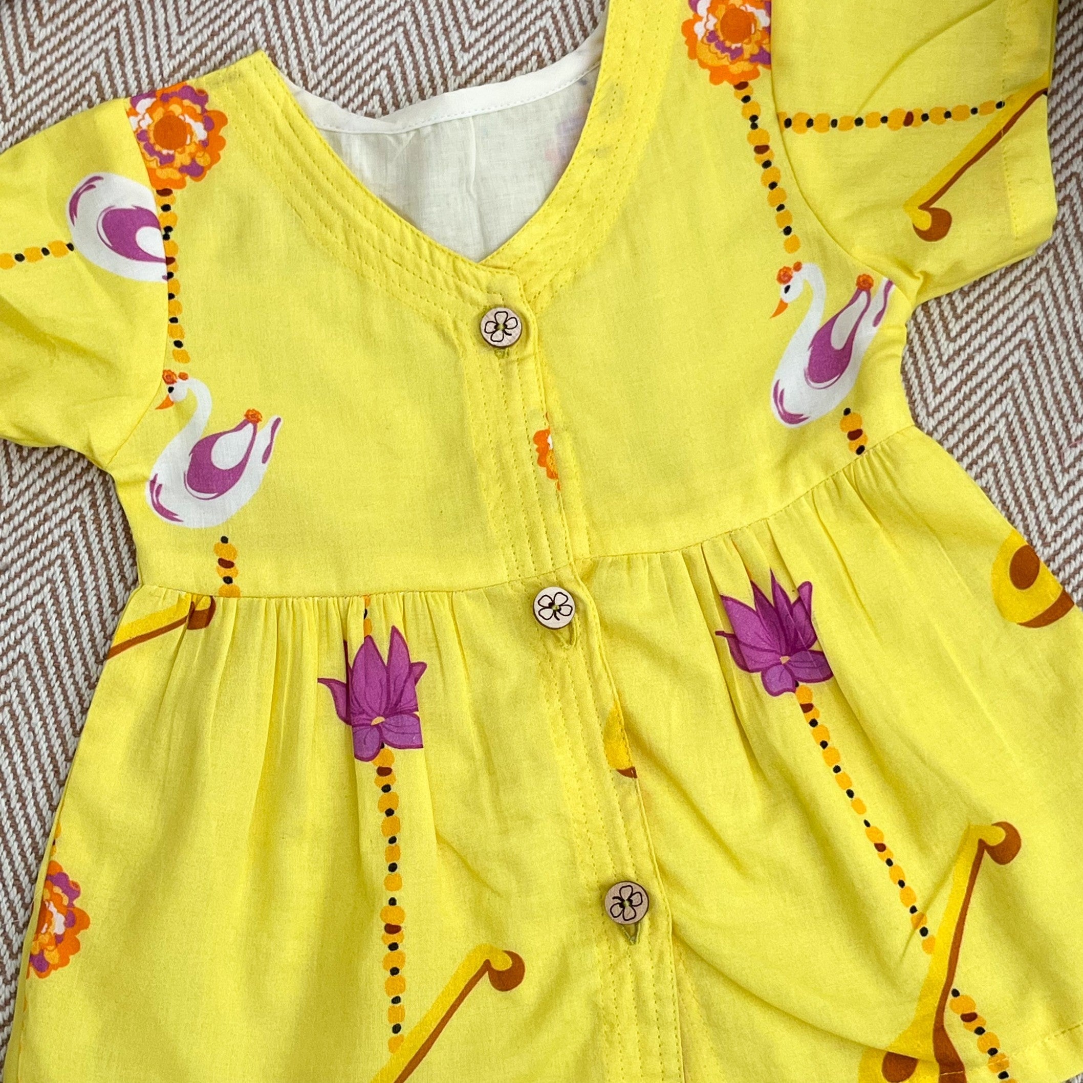 Bhaakur Organic Cotton Frock Infants And Toddlers Veena Print - Yellow - FROCK - VEENA - PRINT - 3 - 6M