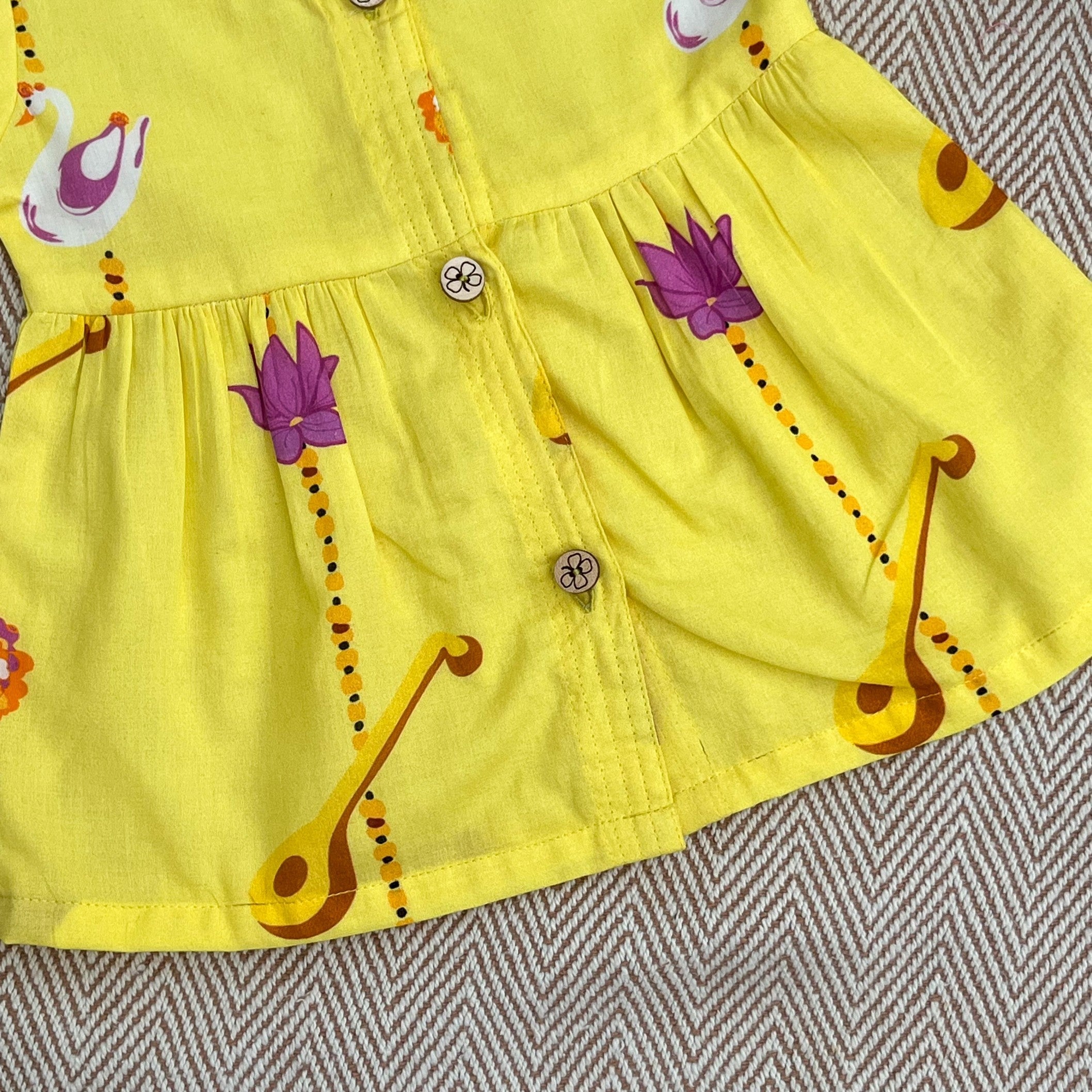 Bhaakur Organic Cotton Frock Infants And Toddlers Veena Print - Yellow - FROCK - VEENA - PRINT - 3 - 6M