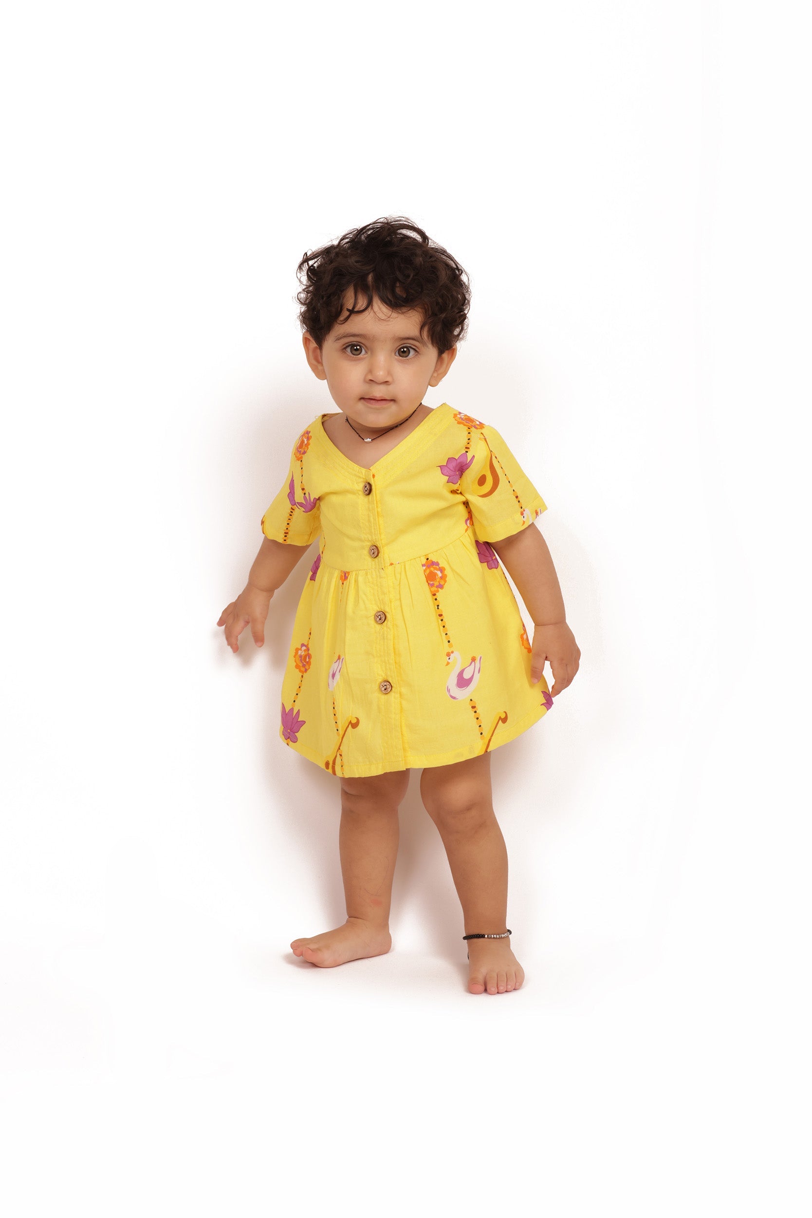 Bhaakur Organic Cotton Frock Infants And Toddlers Veena Print - Yellow - FROCK - VEENA - PRINT - 3 - 6M