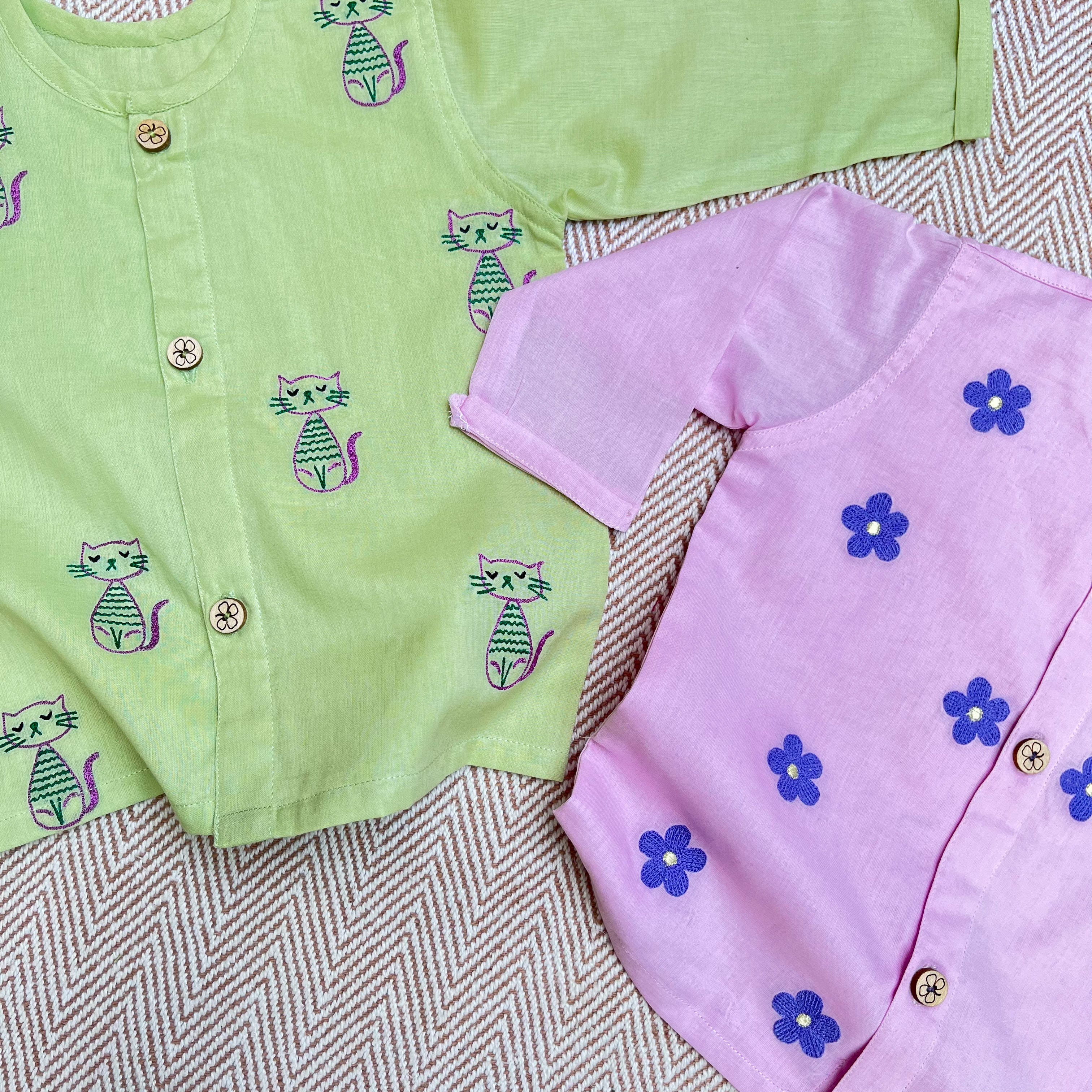 Bhaakur Organic Cotton Full Sleeves Jhabla Pack of two - Daisy and Cat - SET - LG - DAI - CAT - 0 - 3 Months
