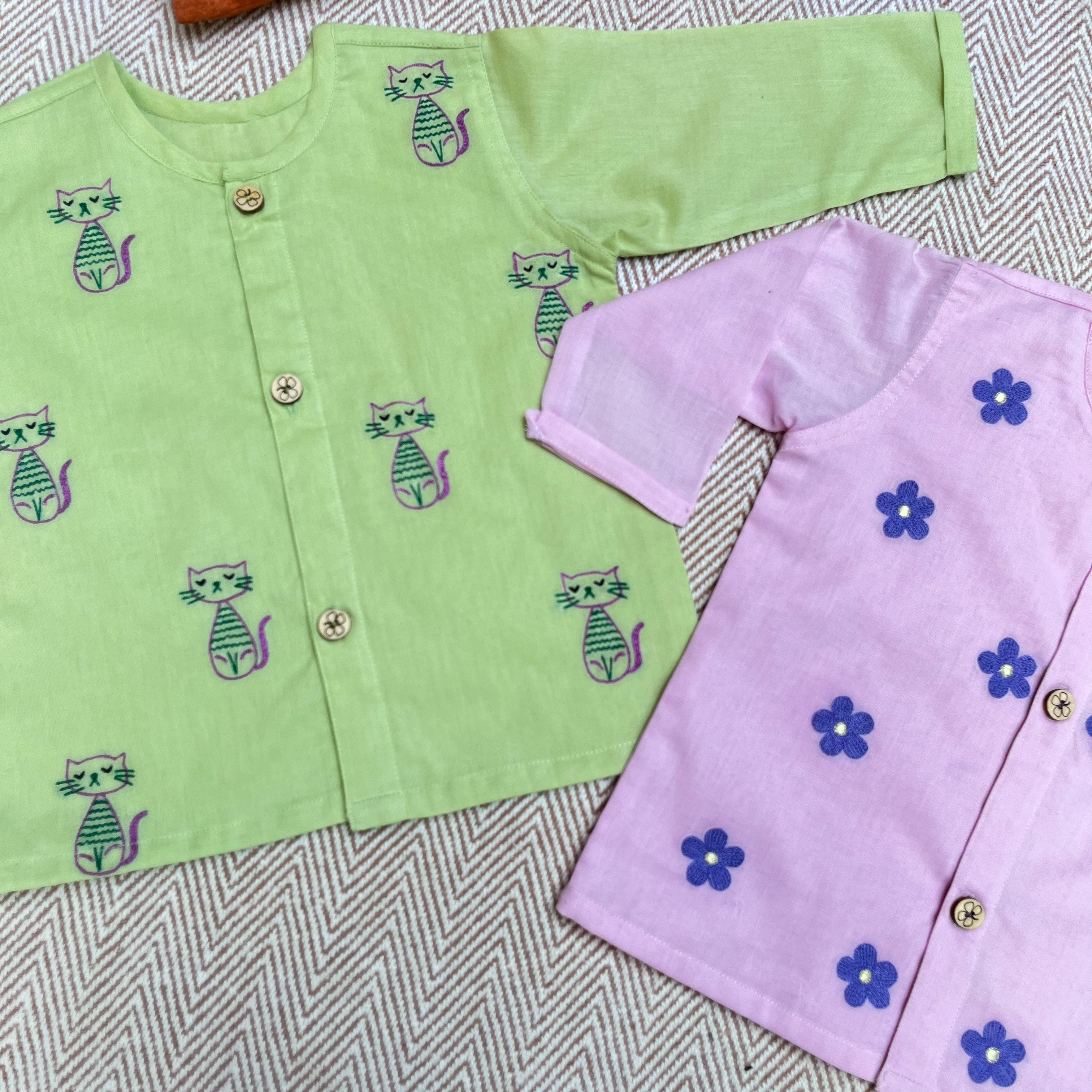 Bhaakur Organic Cotton Full Sleeves Jhabla Pack of two - Daisy and Cat - SET - LG - DAI - CAT - 0 - 3 Months