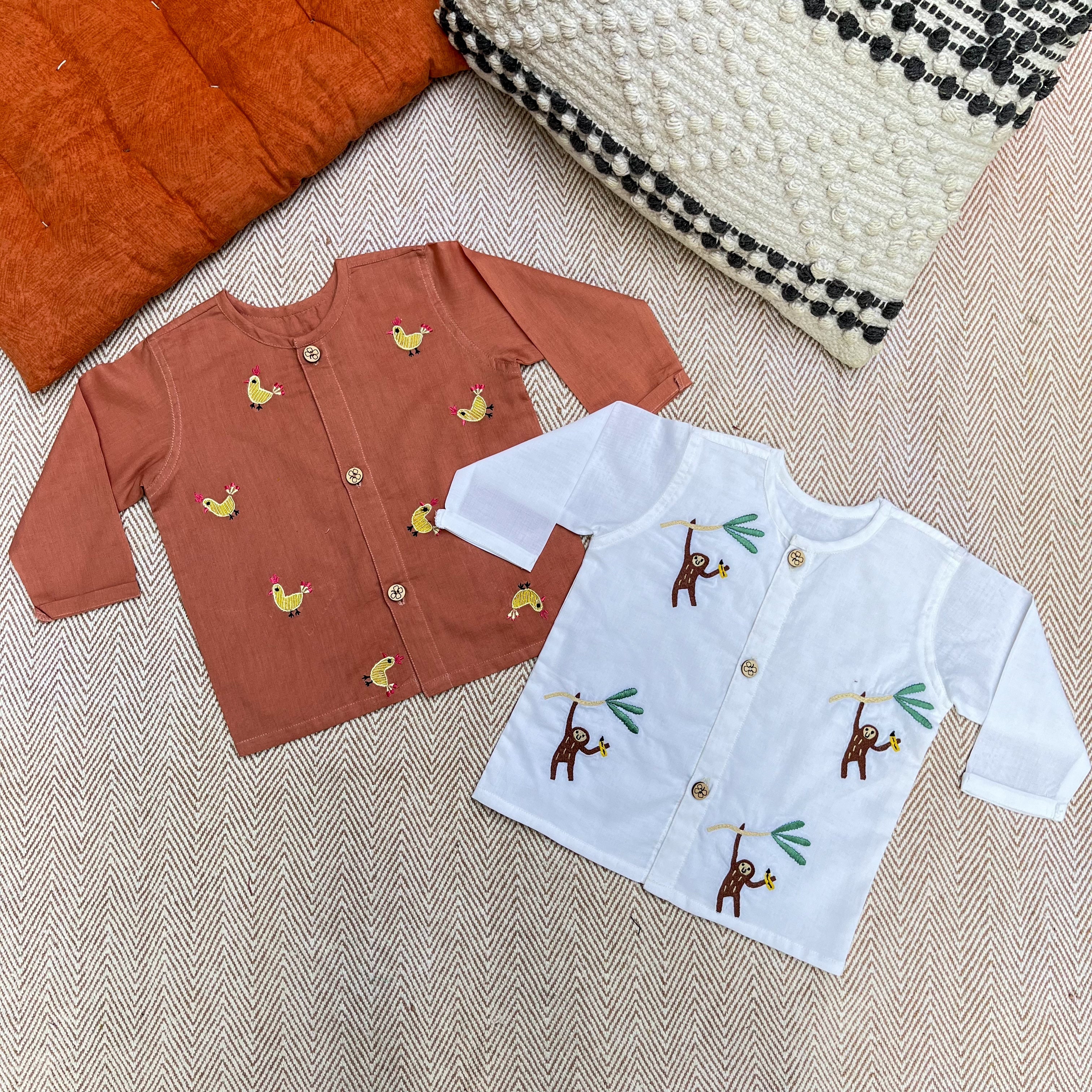 Bhaakur Organic Cotton Full Sleeves Jhabla Pack of two - Monkey and Hen - SET - WB - MO - HE - 0 - 3 Months