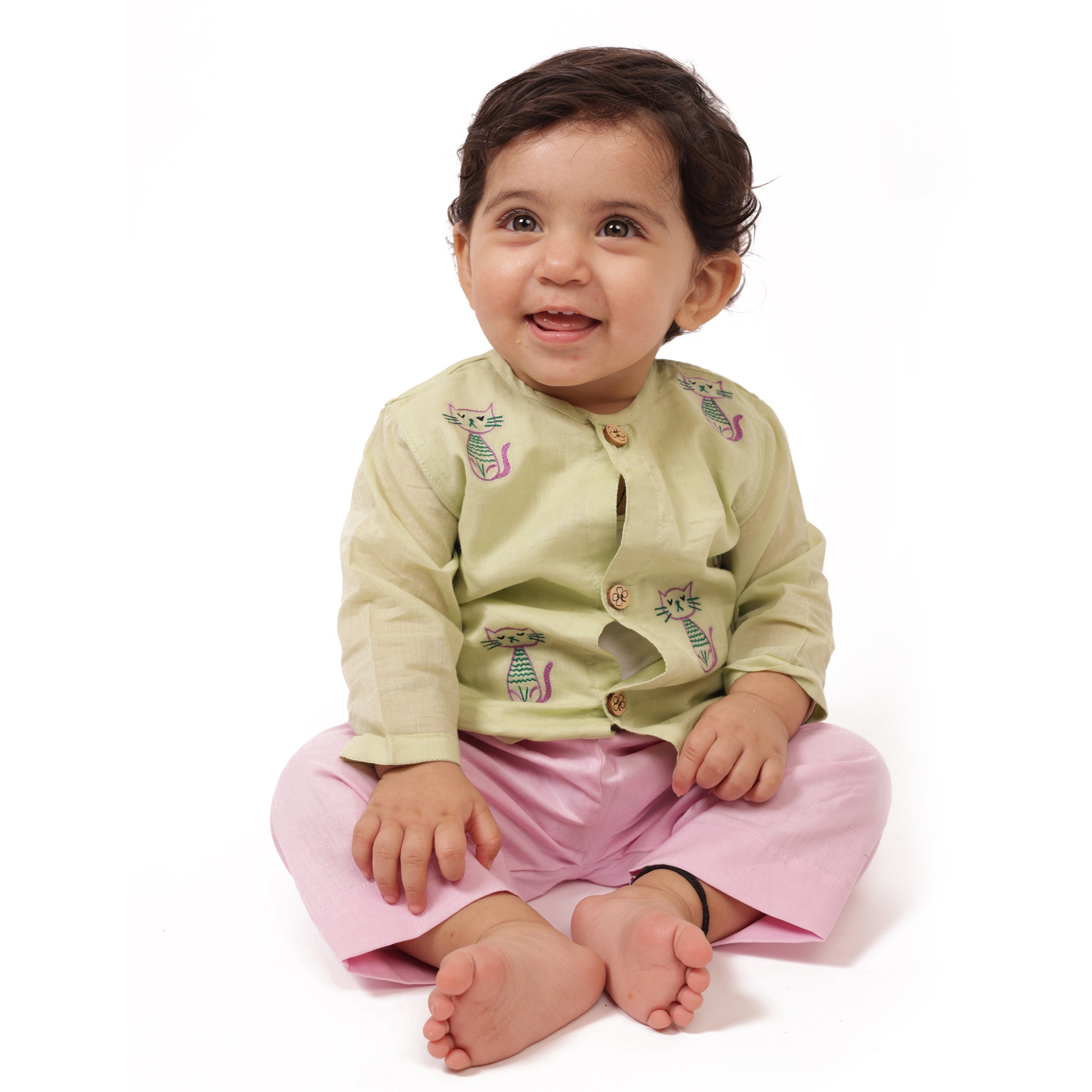 Bhaakur Organic Cotton Full Sleeves Jhabla Set - Cats - SET - G - CAT - 0 - 3 Months