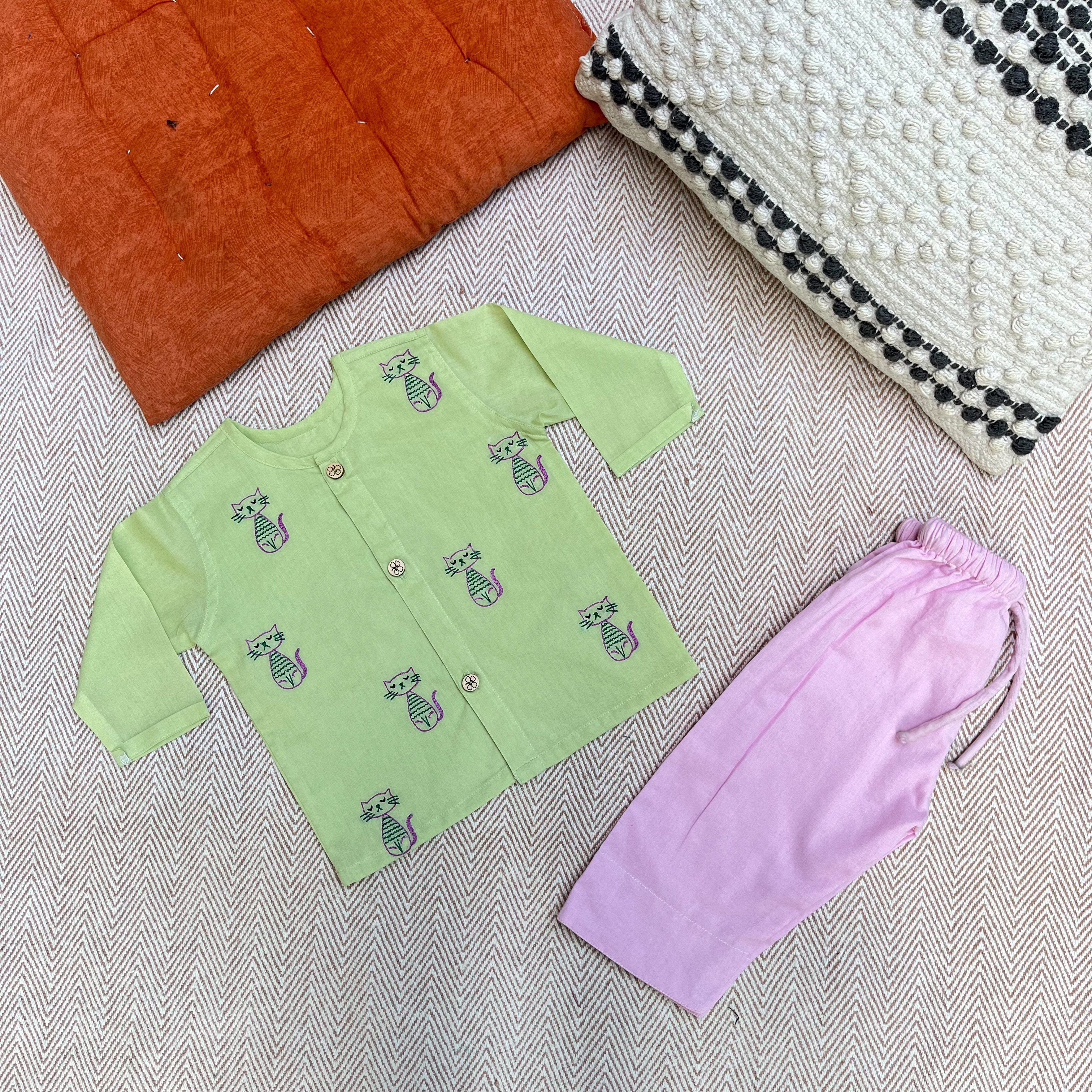 Bhaakur Organic Cotton Full Sleeves Jhabla Set - Cats - SET - G - CAT - 0 - 3 Months