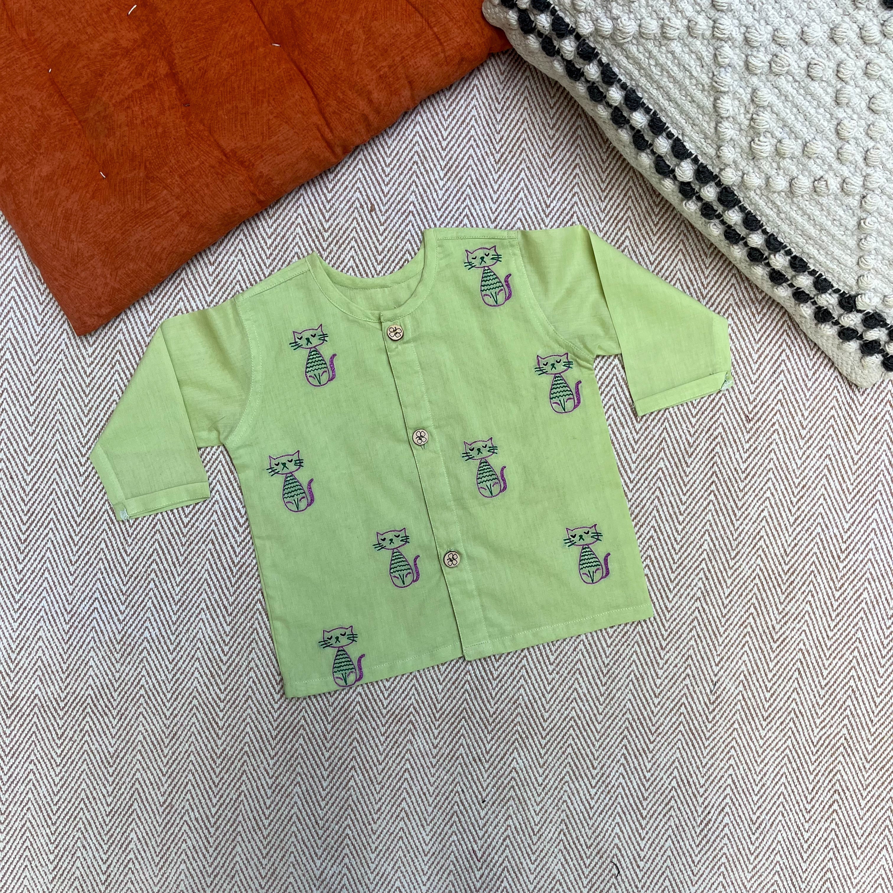 Bhaakur Organic Cotton Full Sleeves Jhabla Set - Cats - SET - G - CAT - 0 - 3 Months
