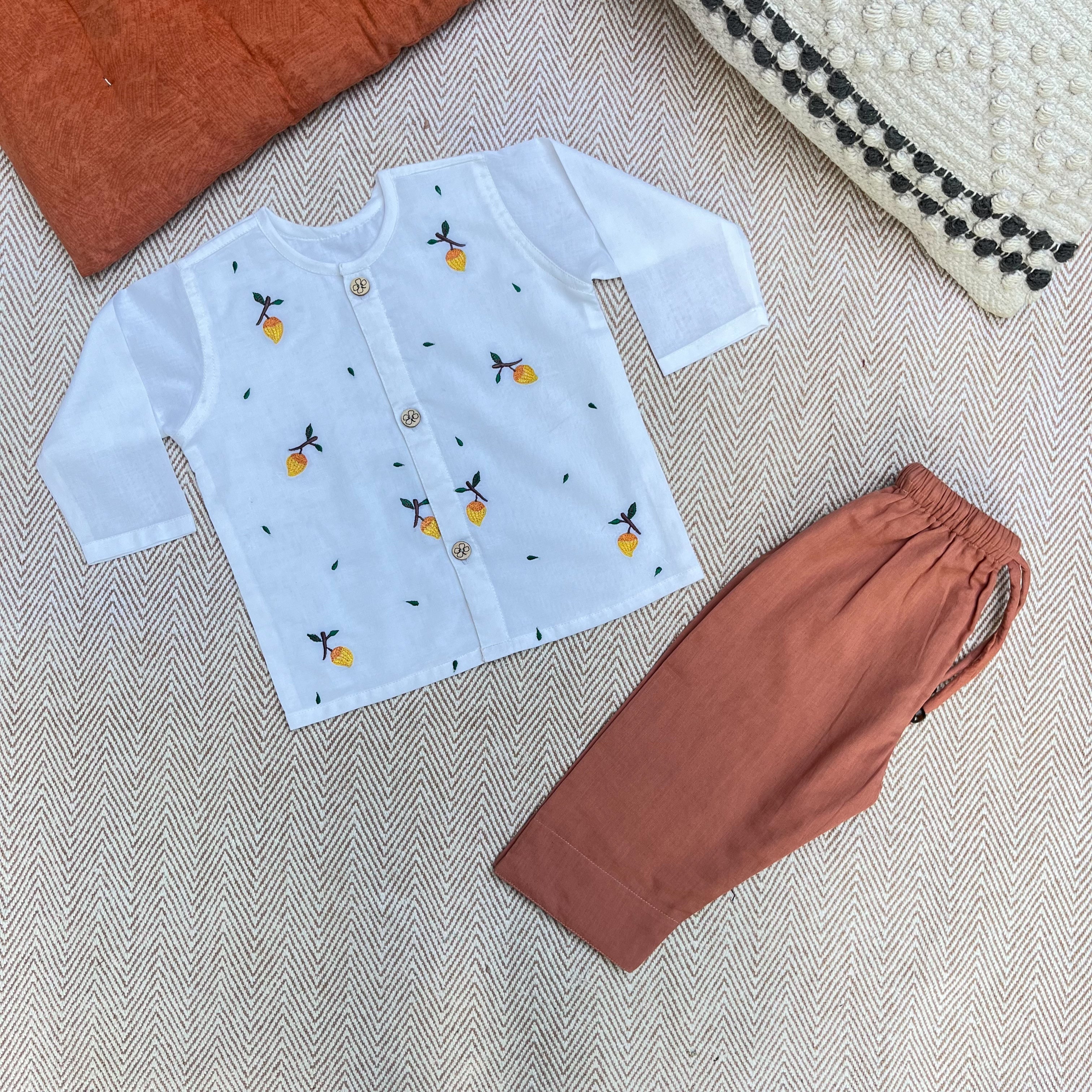 Bhaakur Organic Cotton Full Sleeves Jhabla Set - Mango - SET - W - MAN - 0 - 3 Months