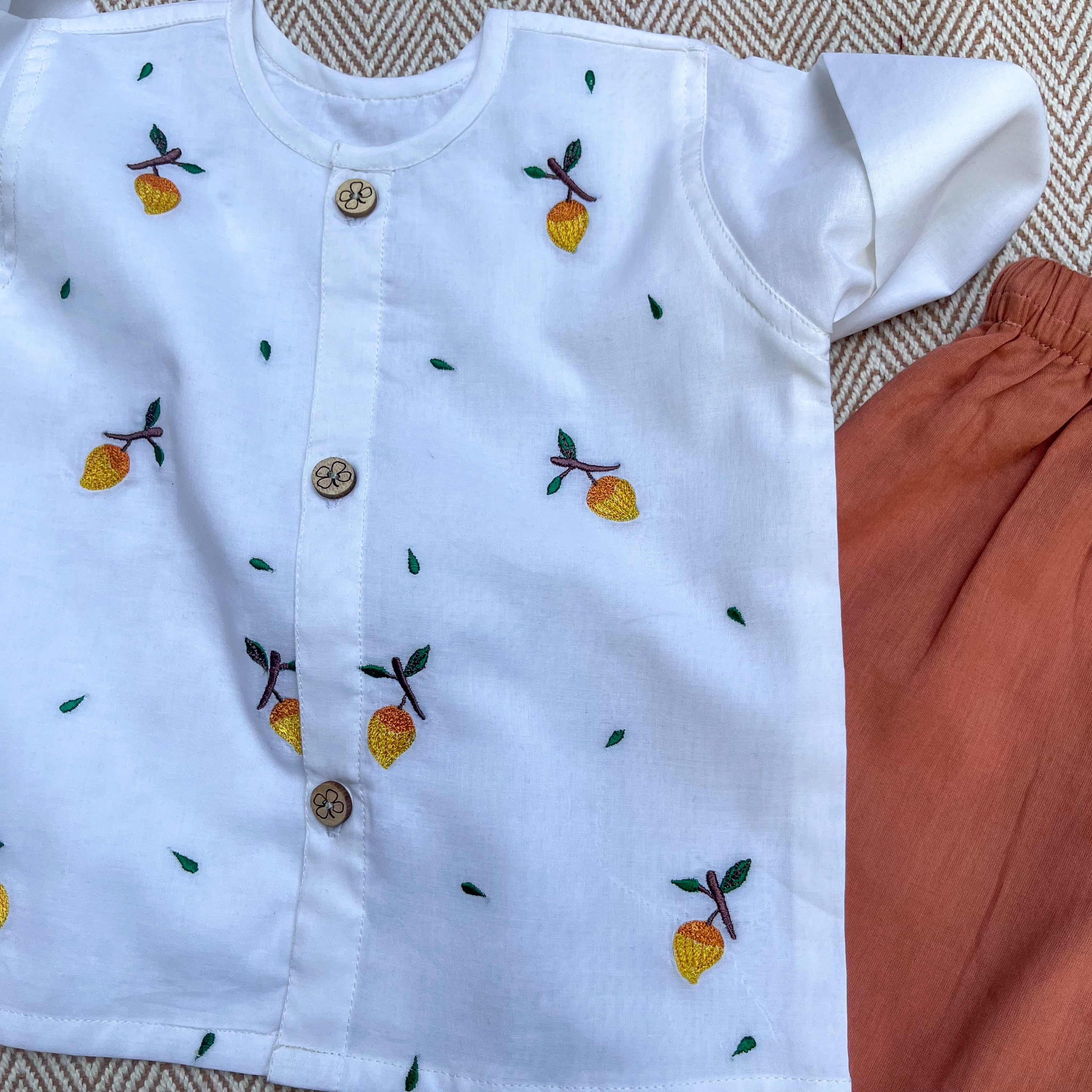 Bhaakur Organic Cotton Full Sleeves Jhabla Set - Mango - SET - W - MAN - 0 - 3 Months
