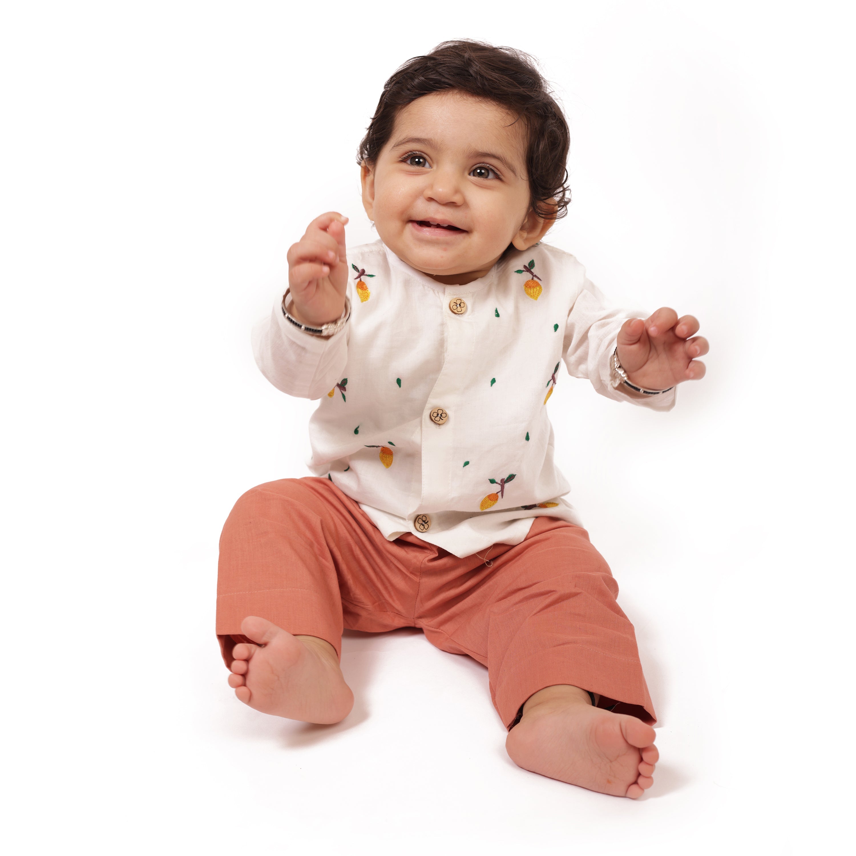 Bhaakur Organic Cotton Full Sleeves Jhabla Set - Mango - SET - W - MAN - 0 - 3 Months