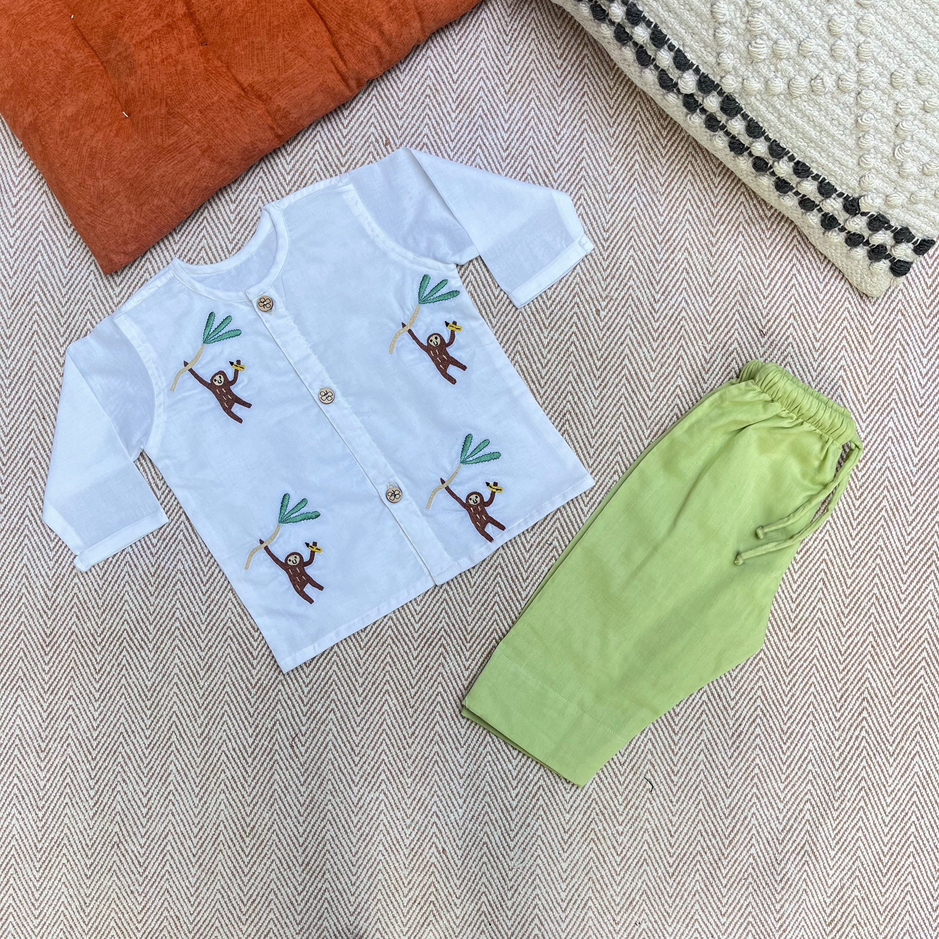 Bhaakur Organic Cotton Full Sleeves Jhabla Set - Monkey - SET - W - MON - 0 - 3 Months