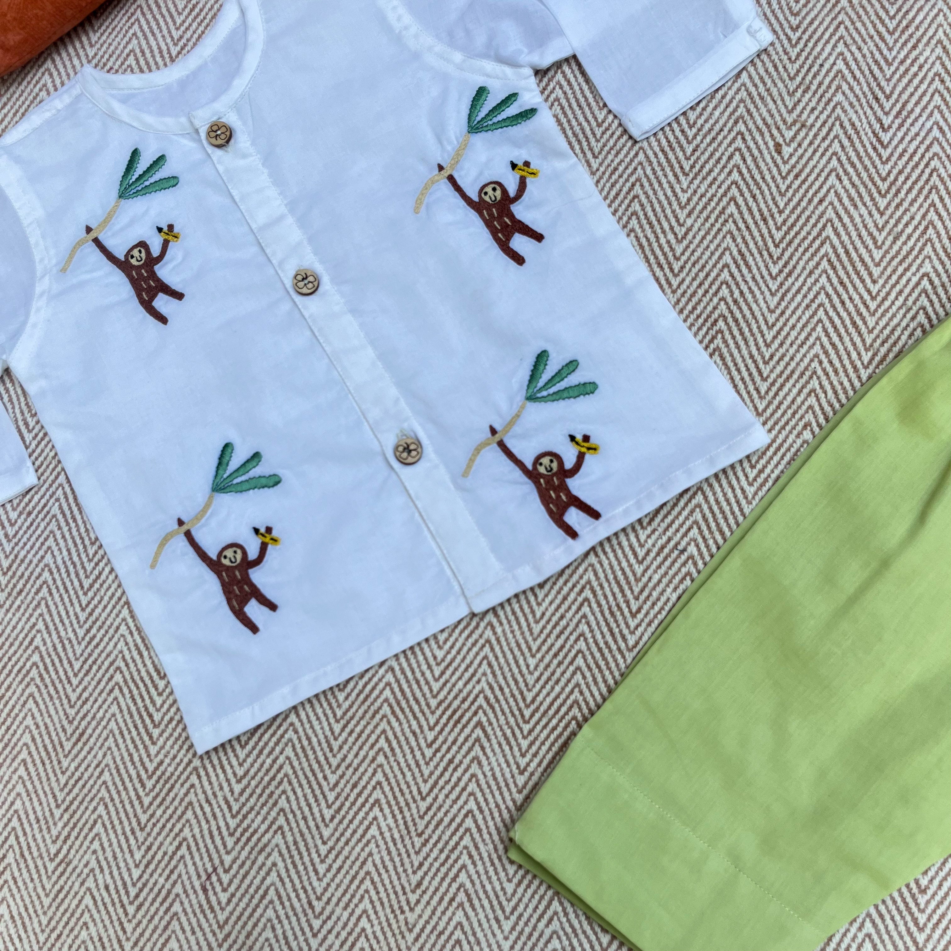 Bhaakur Organic Cotton Full Sleeves Jhabla Set - Monkey - SET - W - MON - 0 - 3 Months