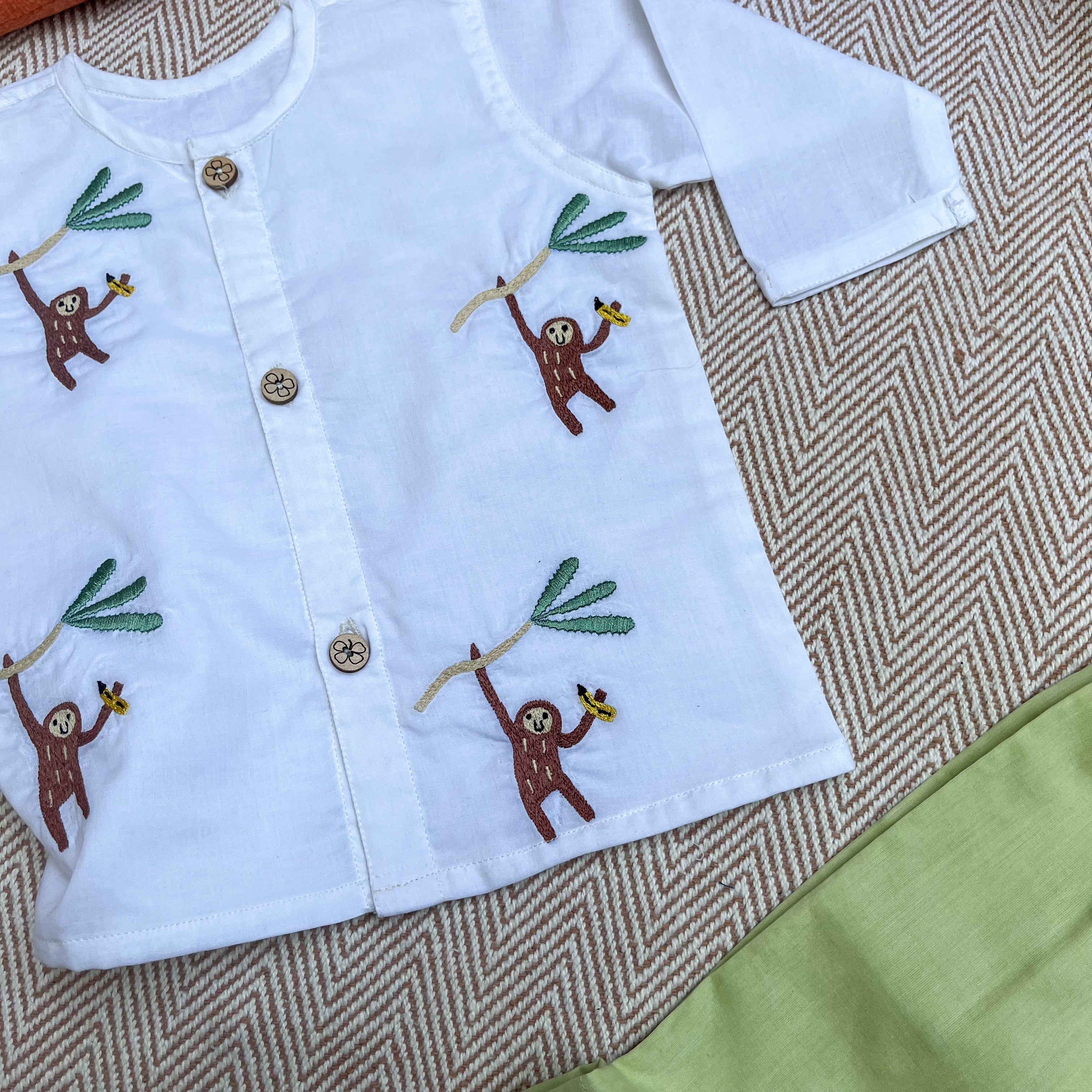 Bhaakur Organic Cotton Full Sleeves Jhabla Set - Monkey - SET - W - MON - 0 - 3 Months