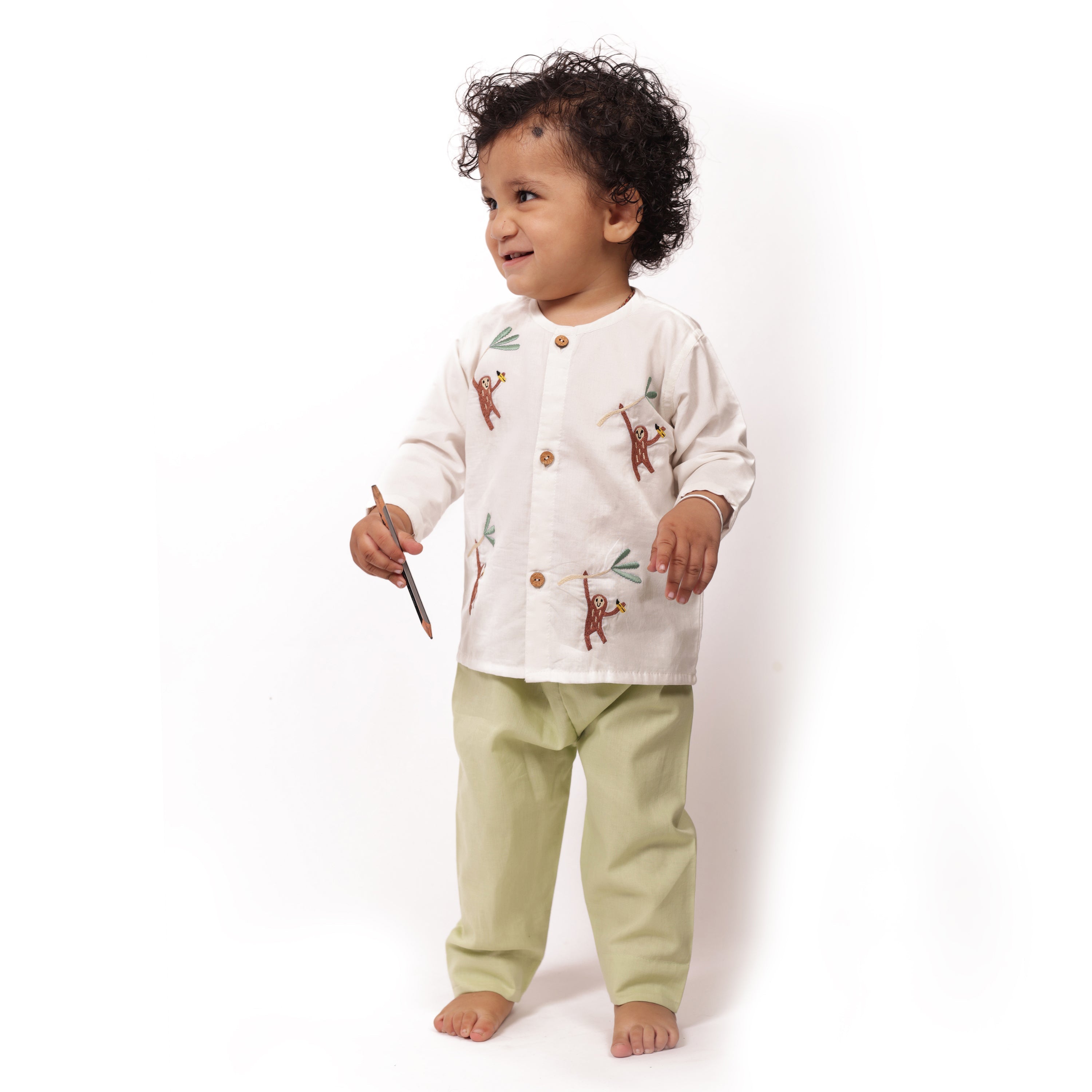Bhaakur Organic Cotton Full Sleeves Jhabla Set - Monkey - SET - W - MON - 0 - 3 Months