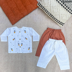 Bhaakur Organic Cotton Full Sleeves Jhabla with Two Pyjamas - JHAB - WH - TW - PYJA - 0 - 3 Months