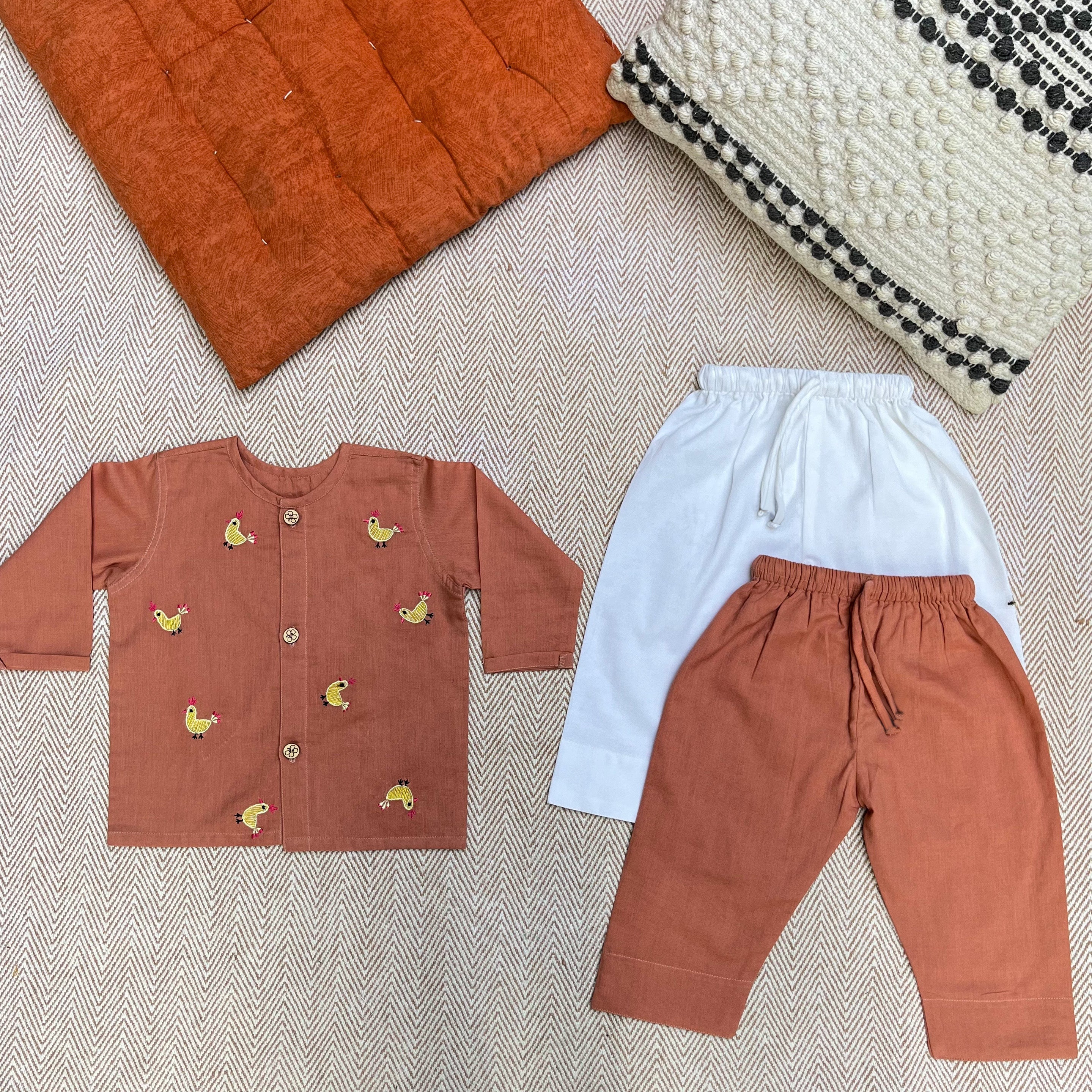 Bhaakur Organic Cotton Full Sleeves Jhabla with Two Pyjamas - JHAB - B - TW - PYJA - 0 - 3 Months
