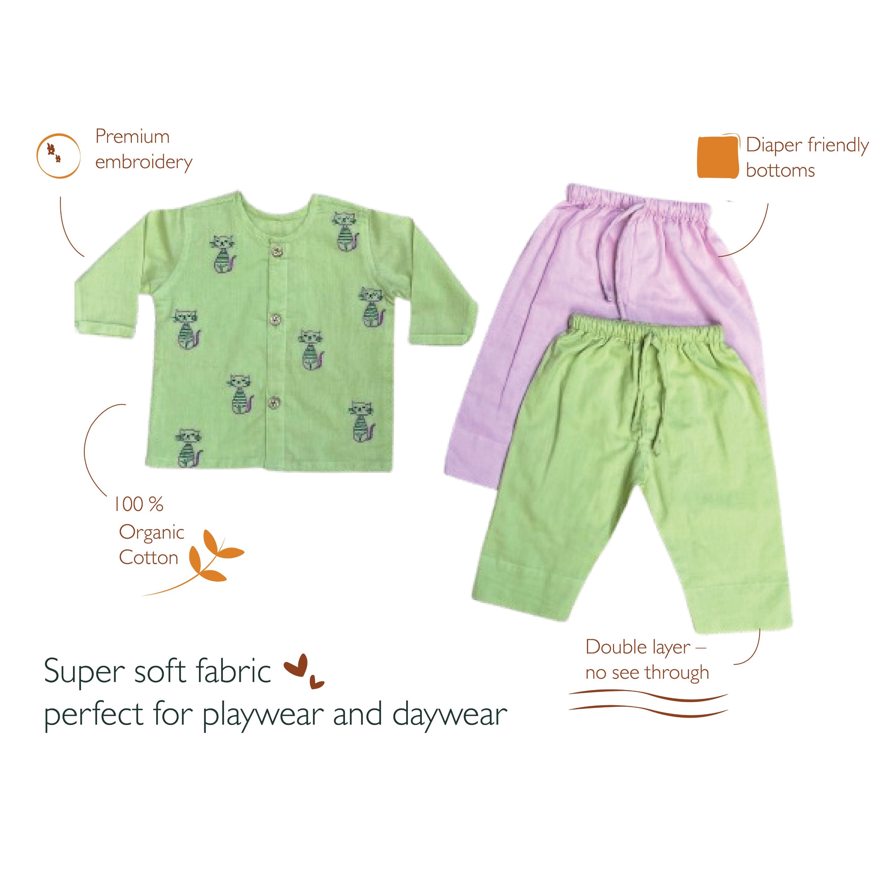 Bhaakur Organic Cotton Full Sleeves Jhabla with Two Pyjamas - Cats - JHAB - G - TW - PYJA - 0 - 3M