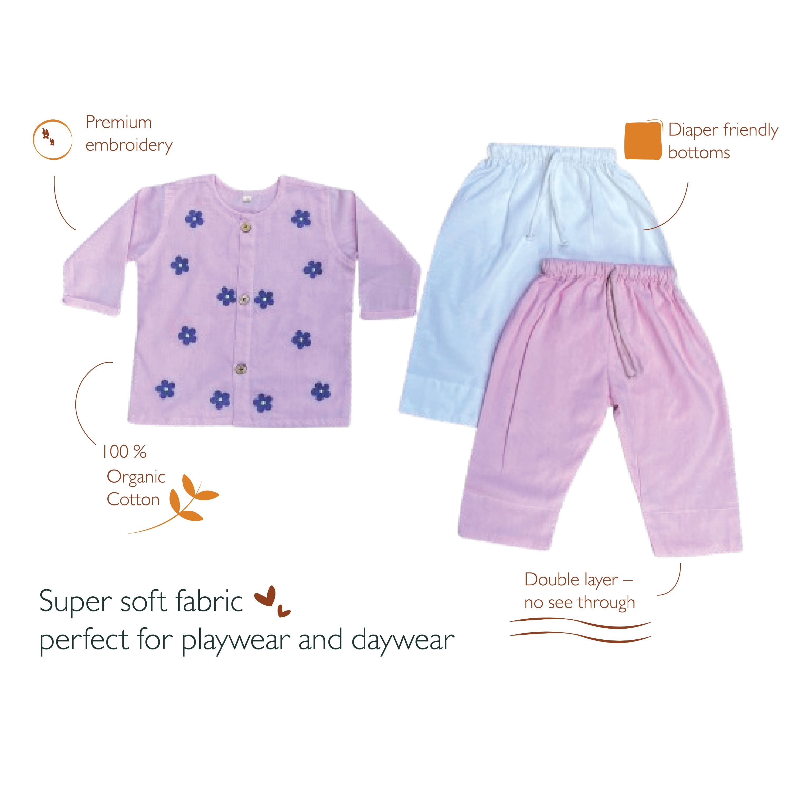 Bhaakur Organic Cotton Full Sleeves Jhabla with Two Pyjamas - Daisy - JHAB - L - TW - PYJA - 0 - 3 Months