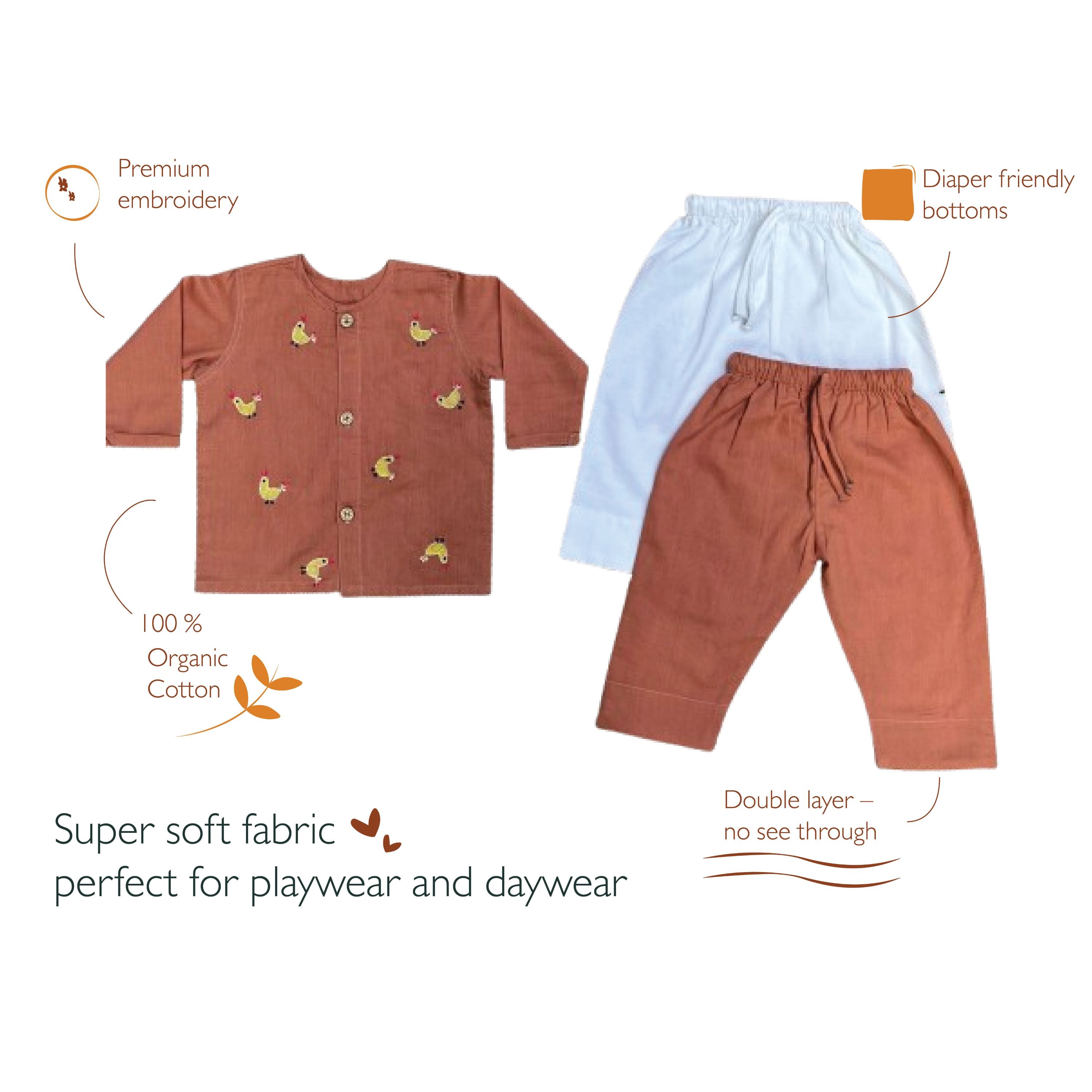 Bhaakur Organic Cotton Full Sleeves Jhabla with Two Pyjamas - Hen - JHAB - B - TW - PYJA - 0 - 3 Months