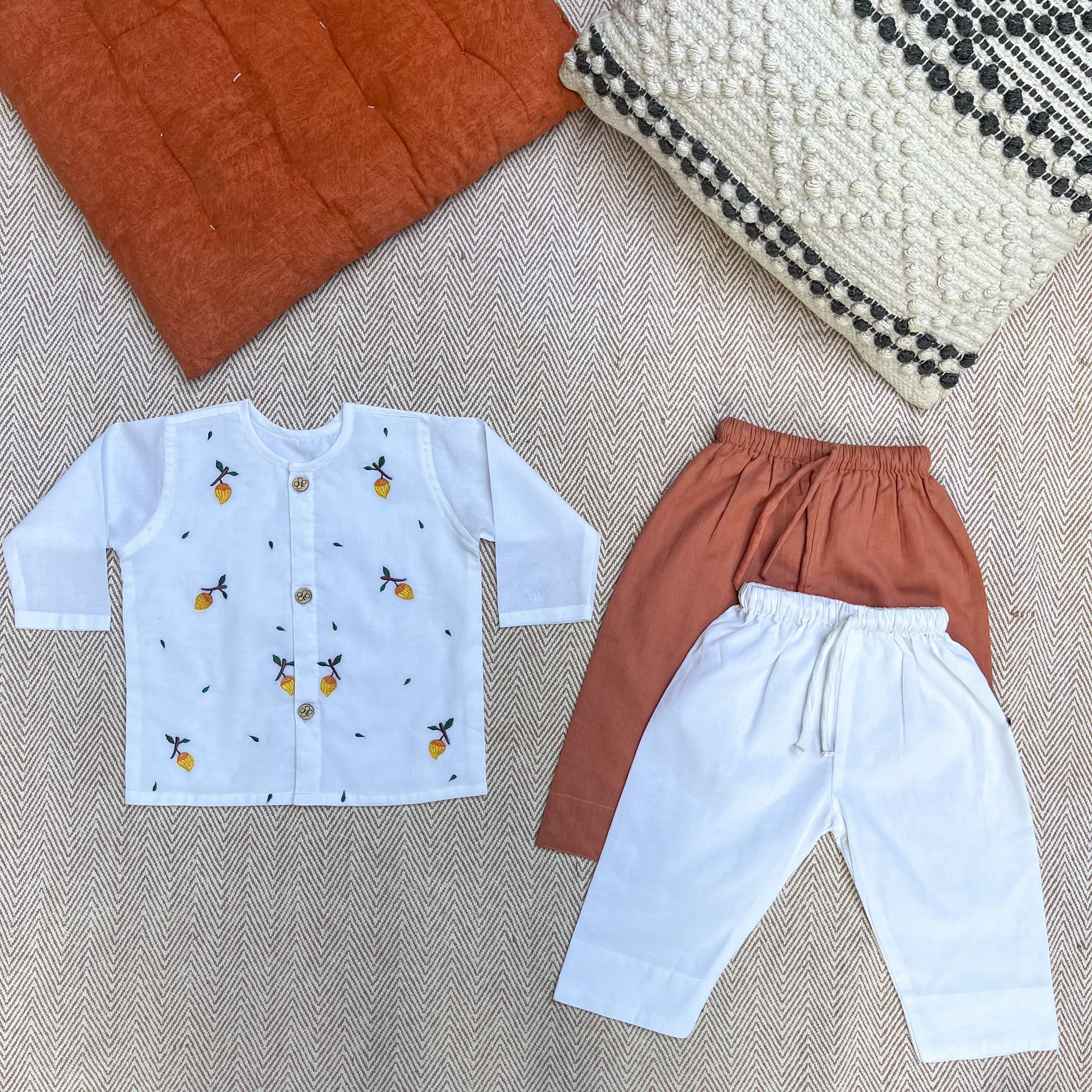 Bhaakur Organic Cotton Full Sleeves Jhabla with Two Pyjamas - Mango - JHAB - WH - TW - PYJA - 0 - 3 Months