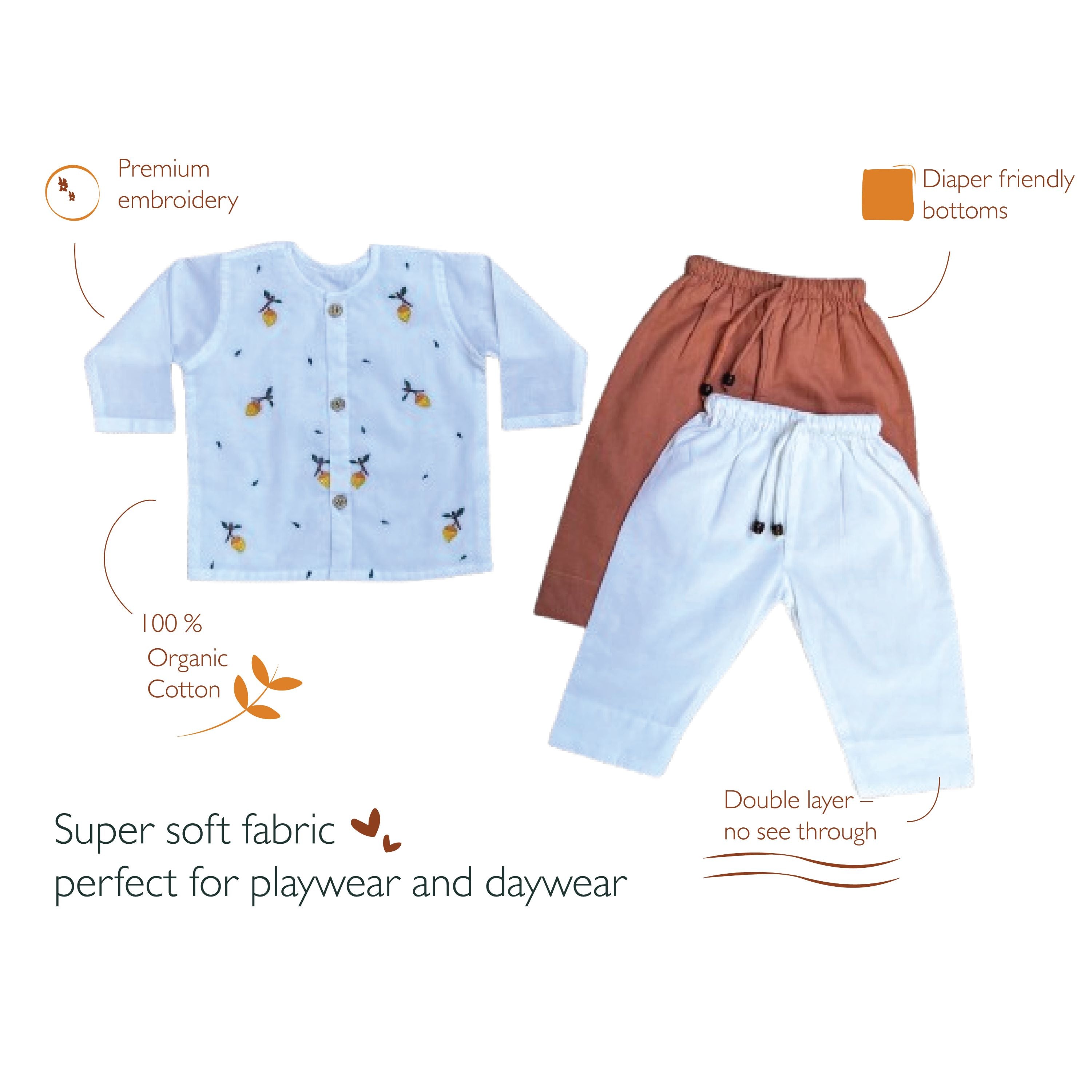 Bhaakur Organic Cotton Full Sleeves Jhabla with Two Pyjamas - Mango - JHAB - WH - TW - PYJA - 0 - 3 Months