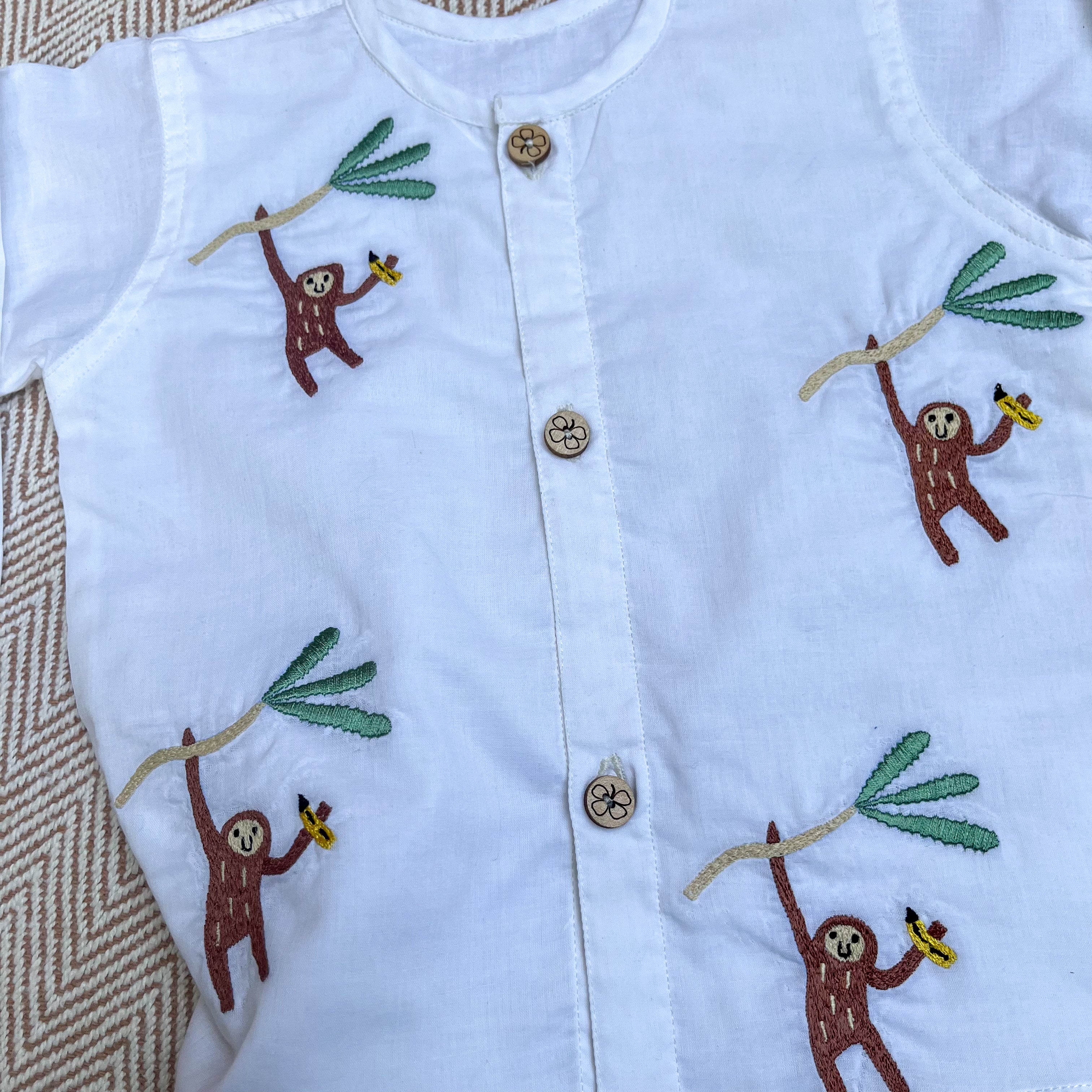 Bhaakur Organic Cotton Full Sleeves Jhabla with Two Pyjamas - Monkey - JHAB - W - TW - PYJA - 0 - 3 Months