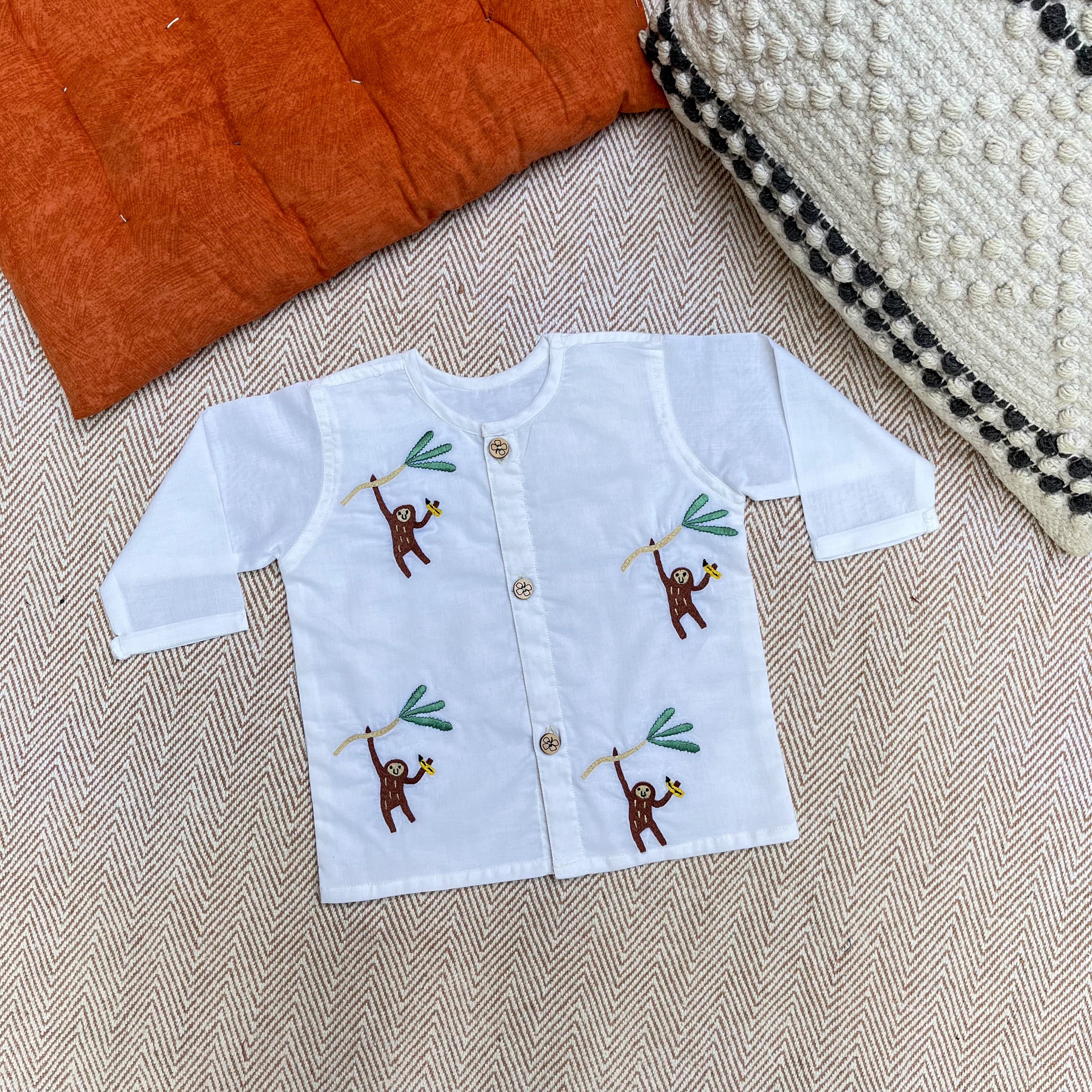 Bhaakur Organic Cotton Full Sleeves Jhabla with Two Pyjamas - Monkey - JHAB - W - TW - PYJA - 0 - 3 Months