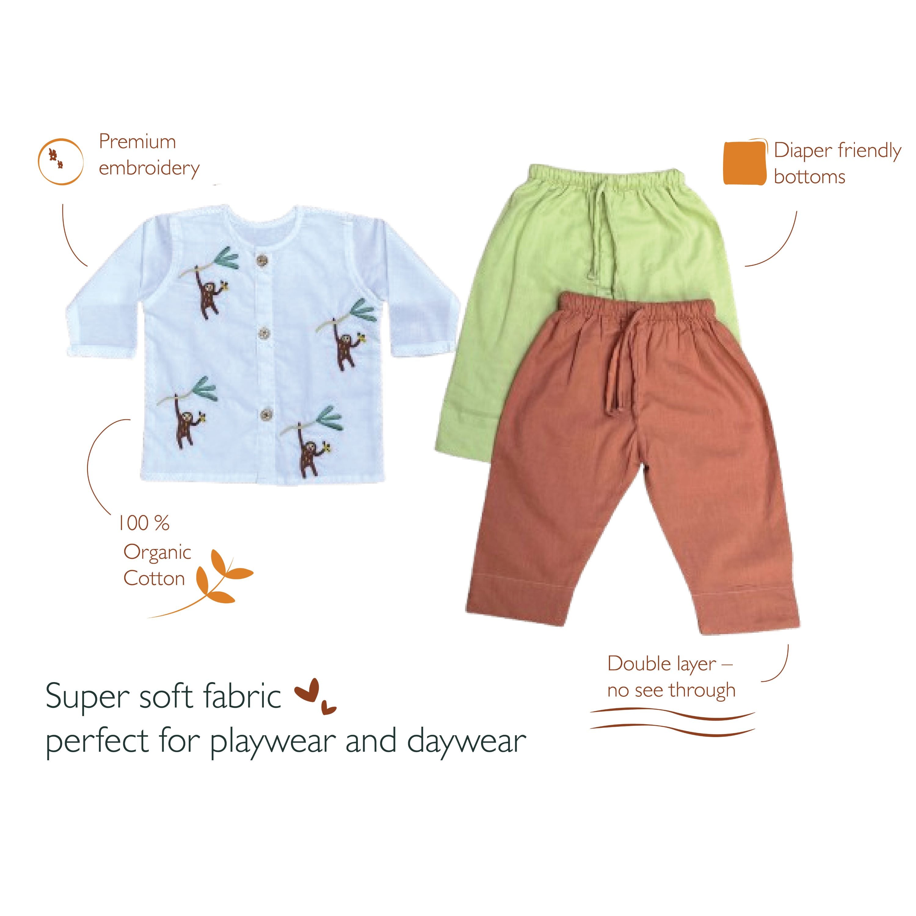 Bhaakur Organic Cotton Full Sleeves Jhabla with Two Pyjamas - Monkey - JHAB - W - TW - PYJA - 0 - 3 Months