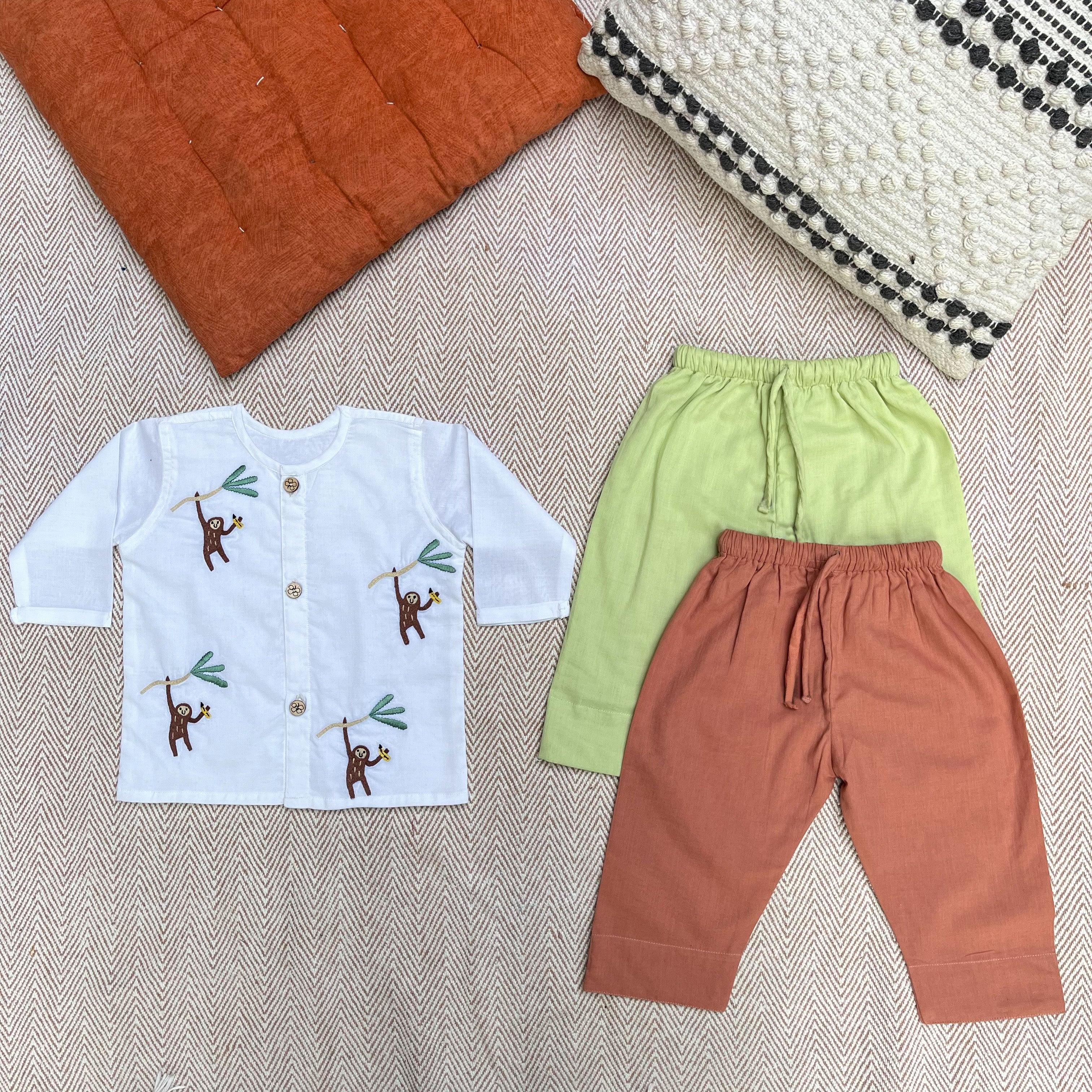 Bhaakur Organic Cotton Full Sleeves Jhabla with Two Pyjamas - Monkey - JHAB - W - TW - PYJA - 0 - 3 Months