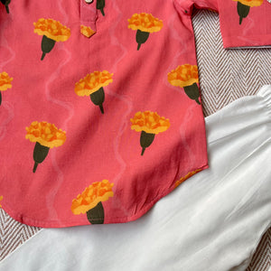 Bhaakur Organic Cotton Marigold Unisex Pink kurta Set | The Mom Store - 0-6Months Kurta Pyjama Set