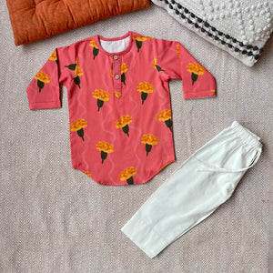 Bhaakur Organic Cotton Marigold Unisex Pink kurta Set | The Mom Store - 0-6Months Kurta Pyjama Set
