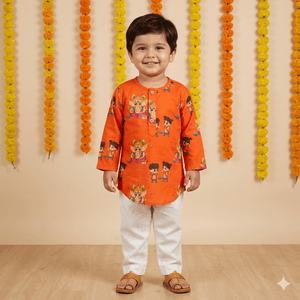 Bhaakur Organic Cotton Unisex 'My Friend Ganesha' Kurta Set | The Mom Store - 0-6Months Kurta Pyjama Set