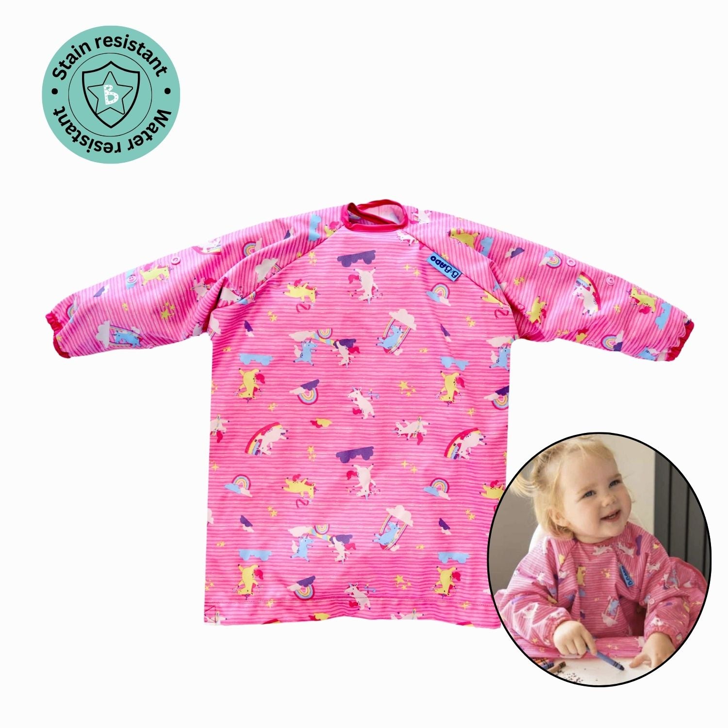 Bibado Long-Sleeve Coverall Weaning Bib Unicorns Pink