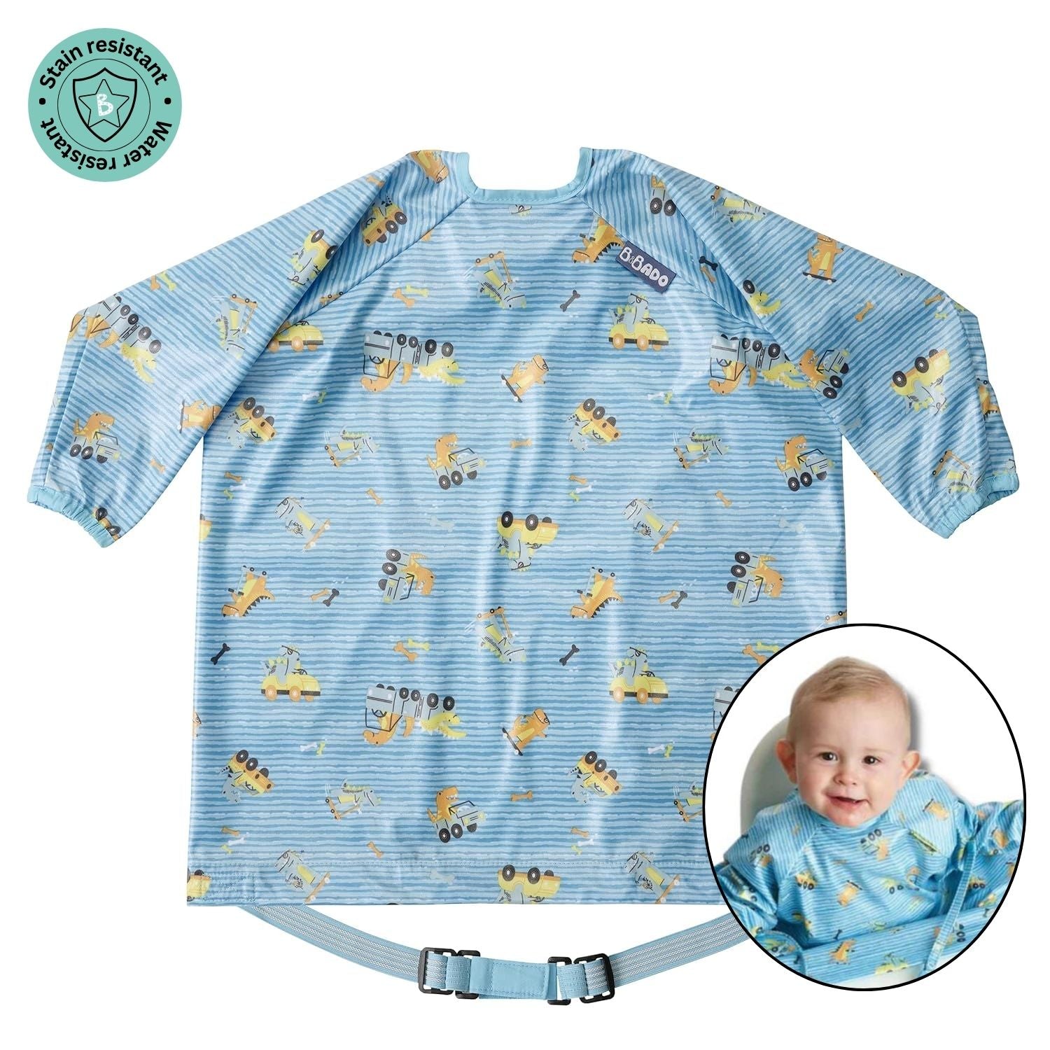 Bibado Long-Sleeve Coverall Weaning Bib Speedy Dinos Turquoise