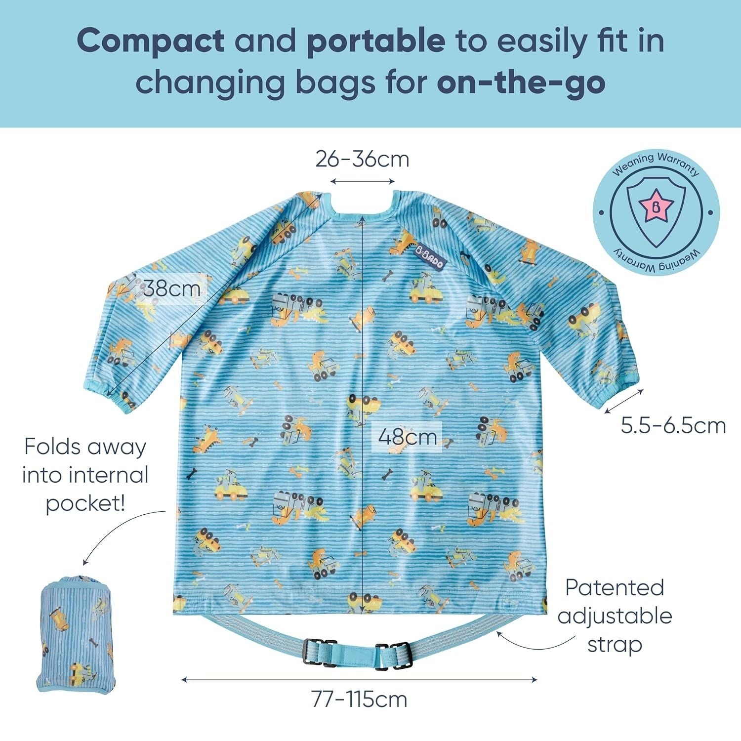 Bibado Long-Sleeve Coverall Weaning Bib Speedy Dinos Turquoise