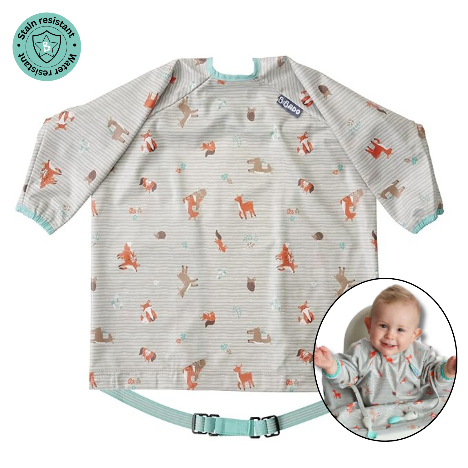 Bibado Long-Sleeve Coverall Weaning Bib Woodland Friends Grey