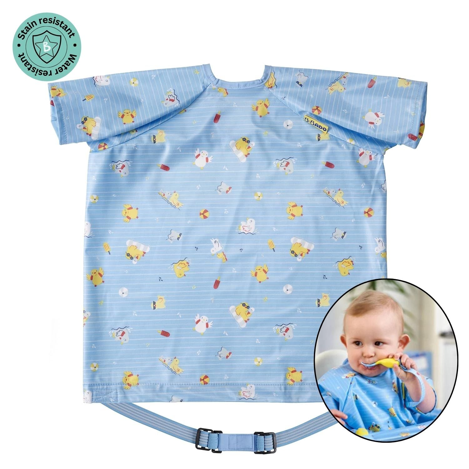 Bibado Short-Sleeve Coverall Weaning Bib Ducklings Pool Party Blue