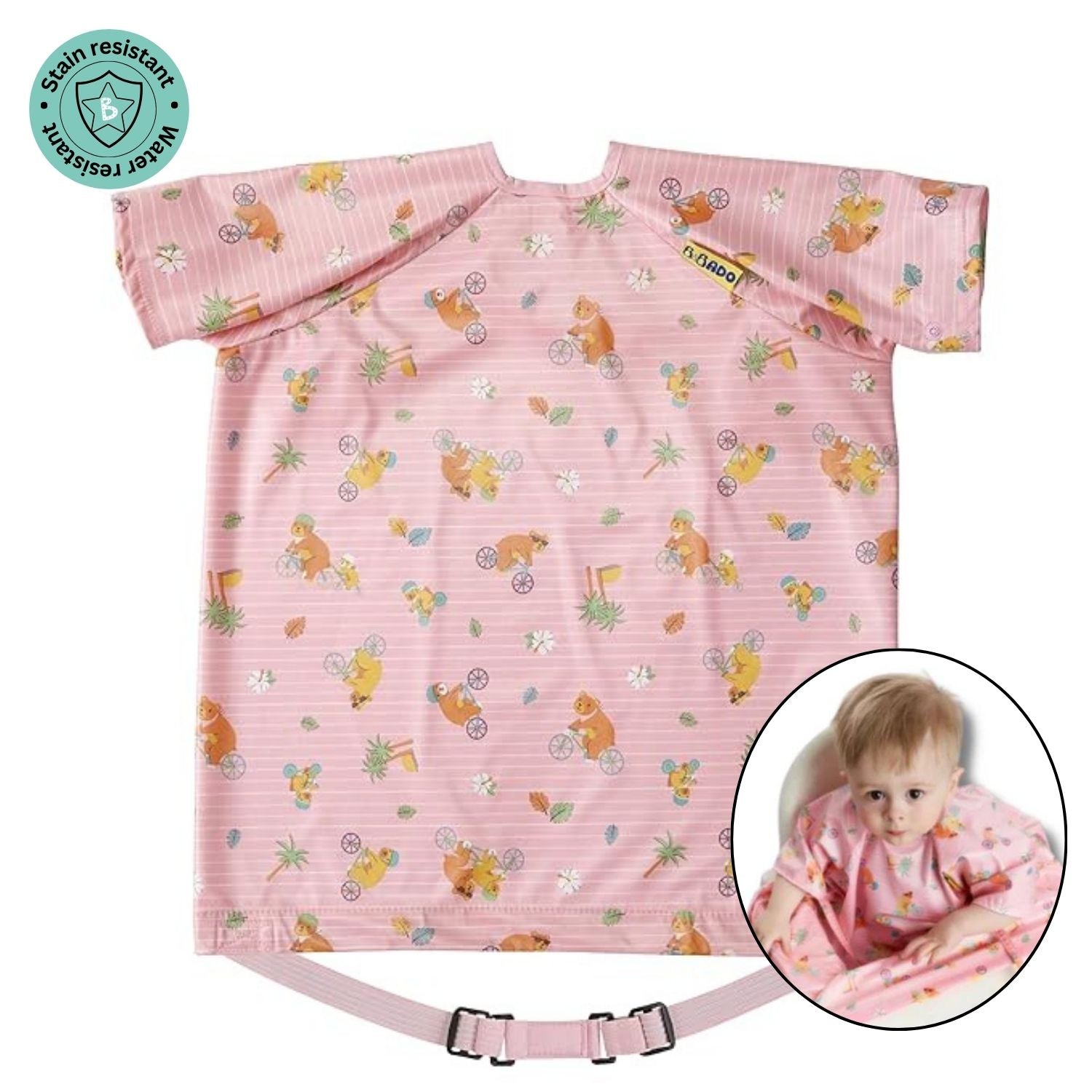 Bibado Short-Sleeve Coverall Weaning Bib Teddy Bear Pink