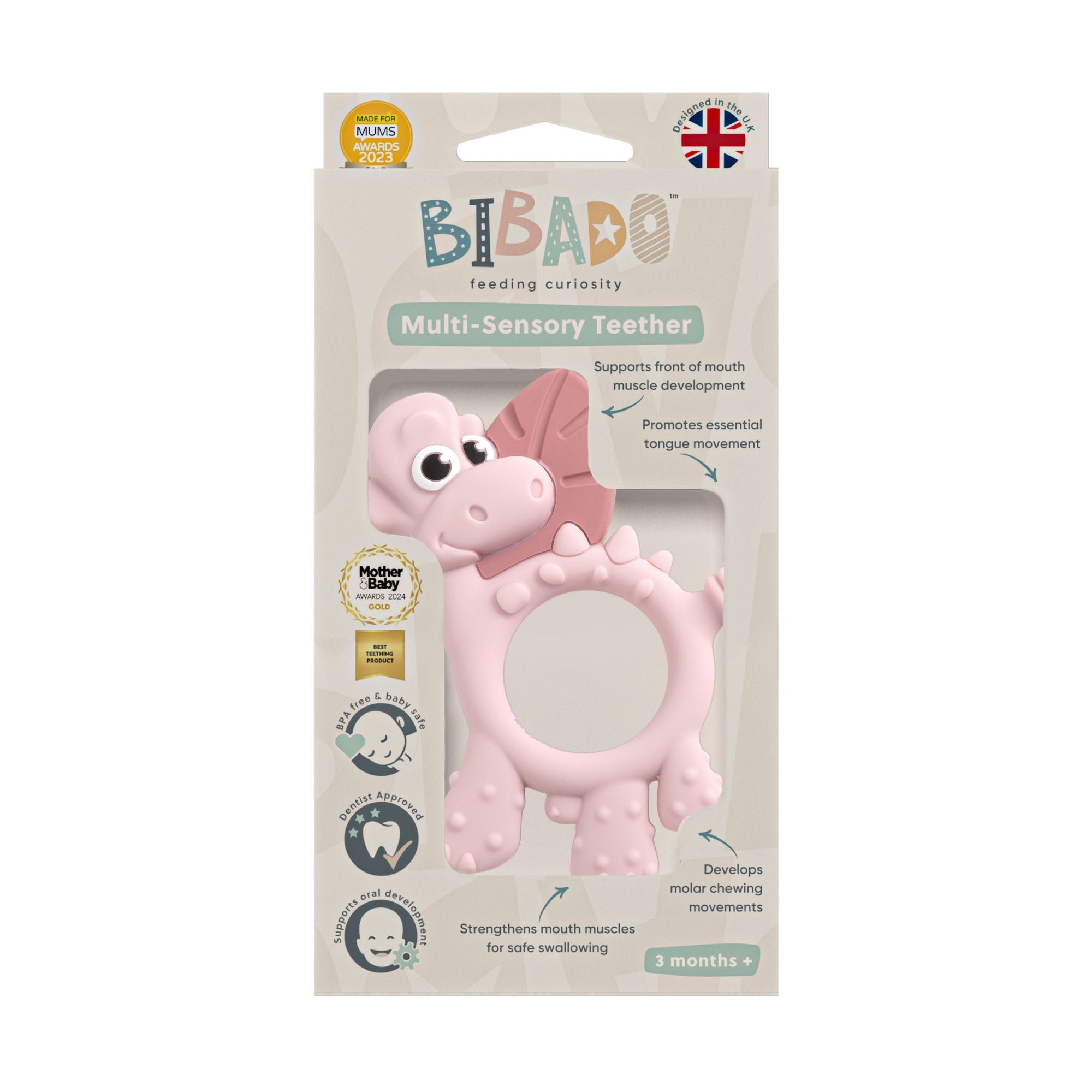 BiBaDo Dotty the Dinosaur - Silicone Multi Sensory Teether - Blush - 3m+ - BIB401