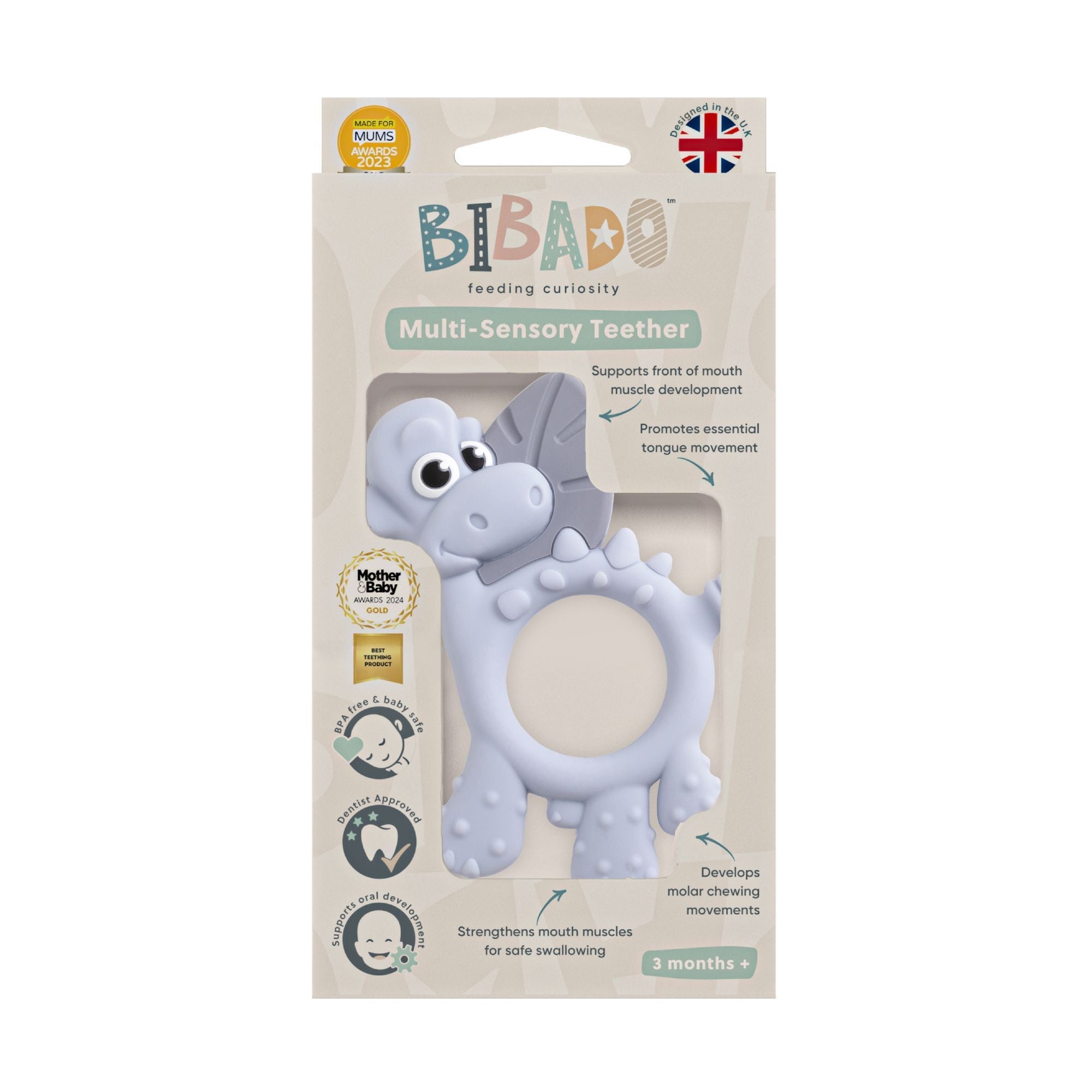 BiBaDo Dotty the Dinosaur - Silicone Multi Sensory Teether - Mist - 3m+ - BIB400