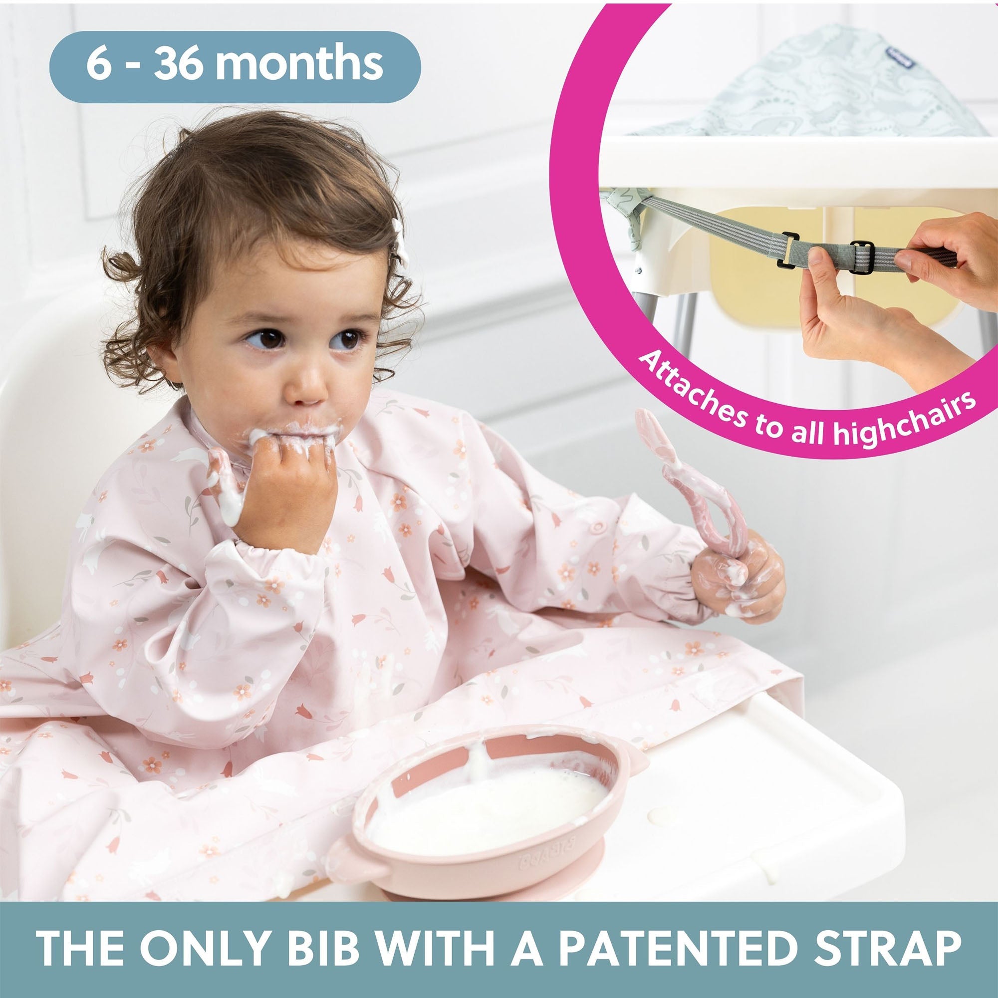 BiBaDo Stain & Water Proof Long Sleeve Coverall Shirt Weaning Bib Botanical Bunnies Print - Pink - BIB502R