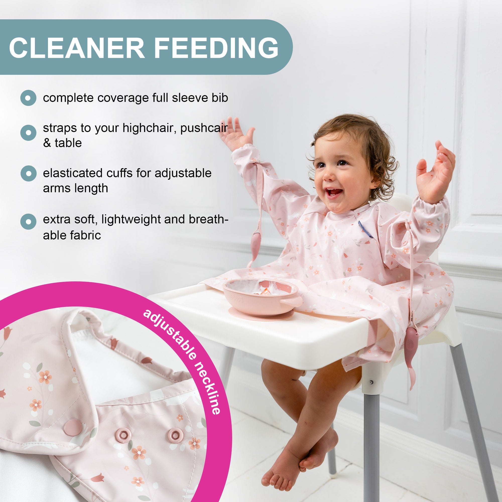 BiBaDo Stain & Water Proof Long Sleeve Coverall Shirt Weaning Bib Botanical Bunnies Print - Pink - BIB502R