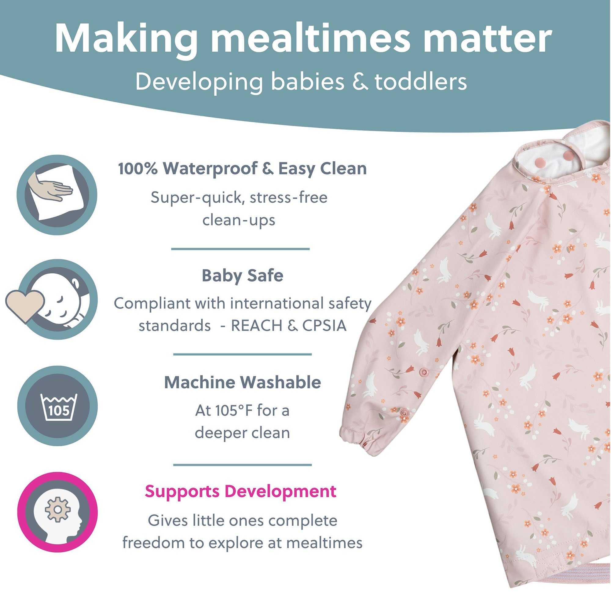 BiBaDo Stain & Water Proof Long Sleeve Coverall Shirt Weaning Bib Botanical Bunnies Print - Pink - BIB502R