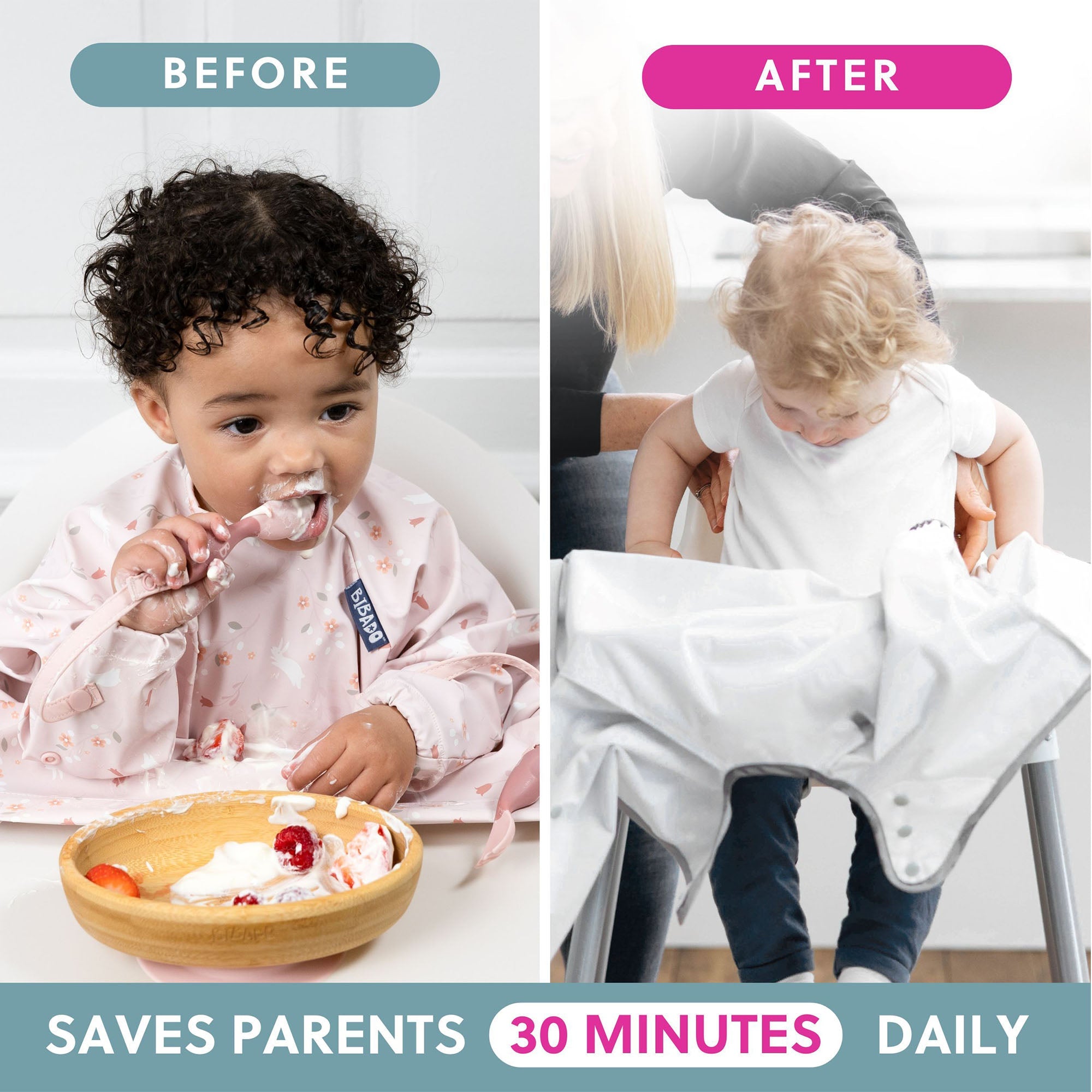 BiBaDo Stain & Water Proof Long Sleeve Coverall Shirt Weaning Bib Botanical Bunnies Print - Pink - BIB502R