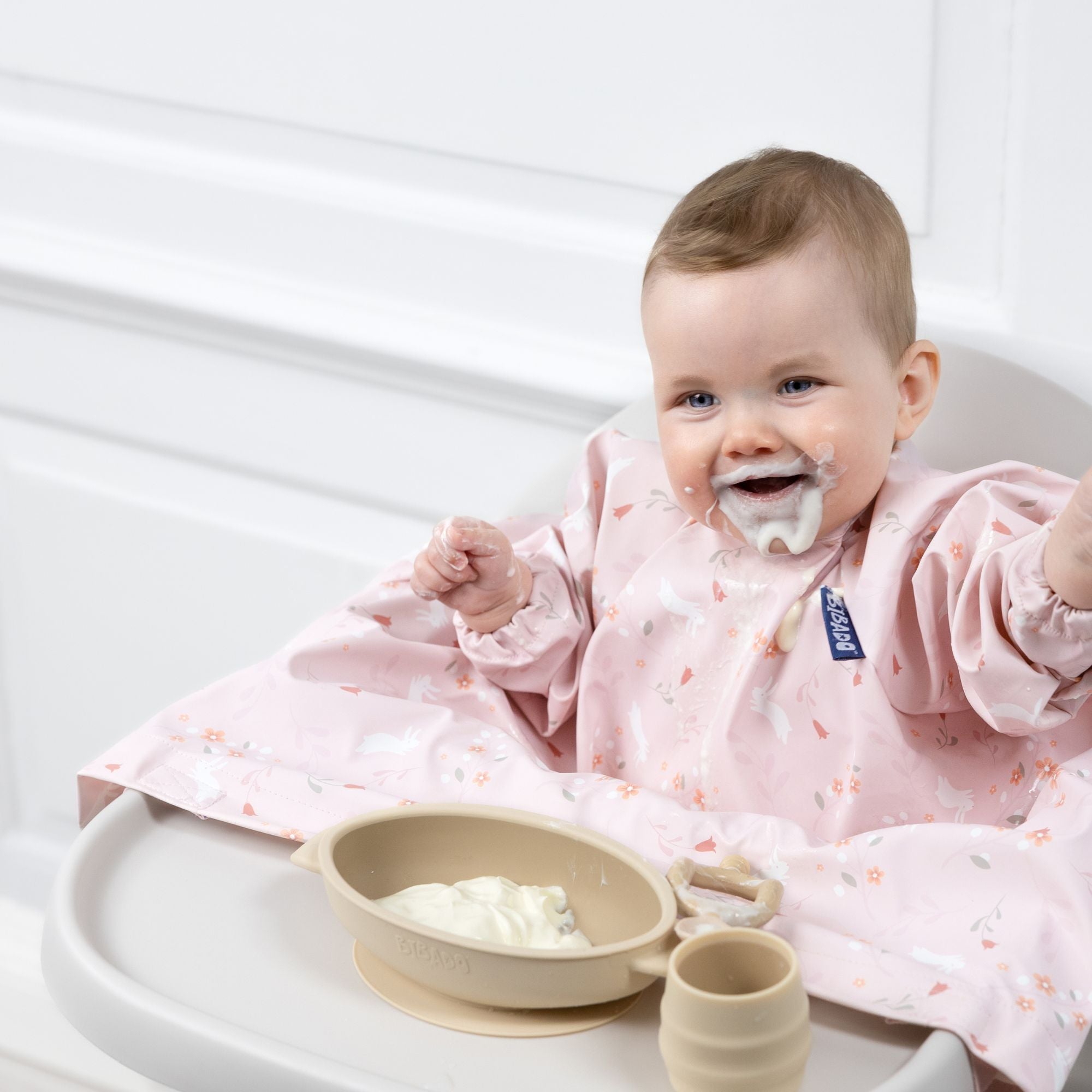 BiBaDo Stain & Water Proof Long Sleeve Coverall Shirt Weaning Bib Botanical Bunnies Print - Pink - BIB502R