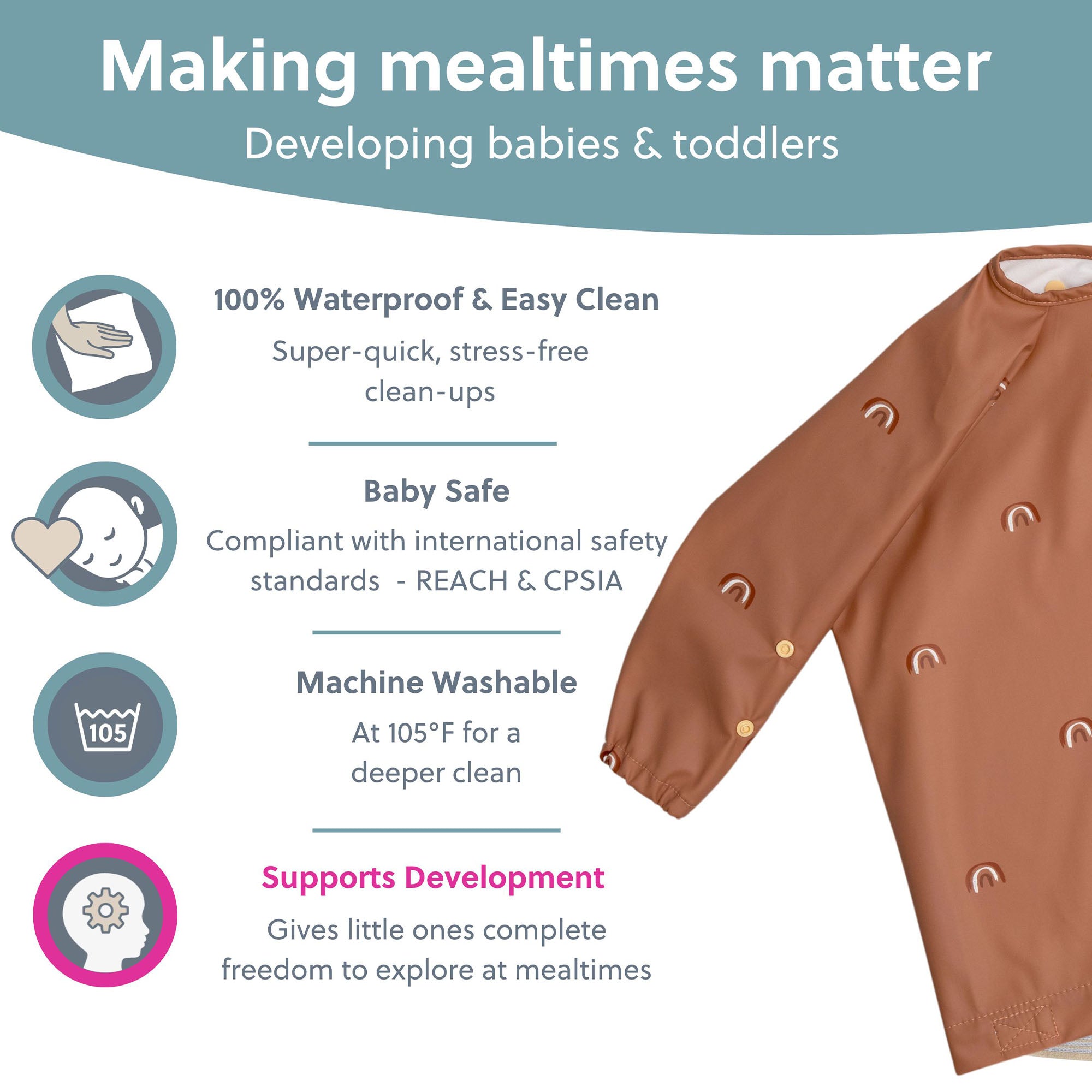 BiBaDo Stain & Water Proof Long Sleeve Coverall Shirt Weaning Bib Chasing Rainbows Print - Brown - For Infants - BIB503R
